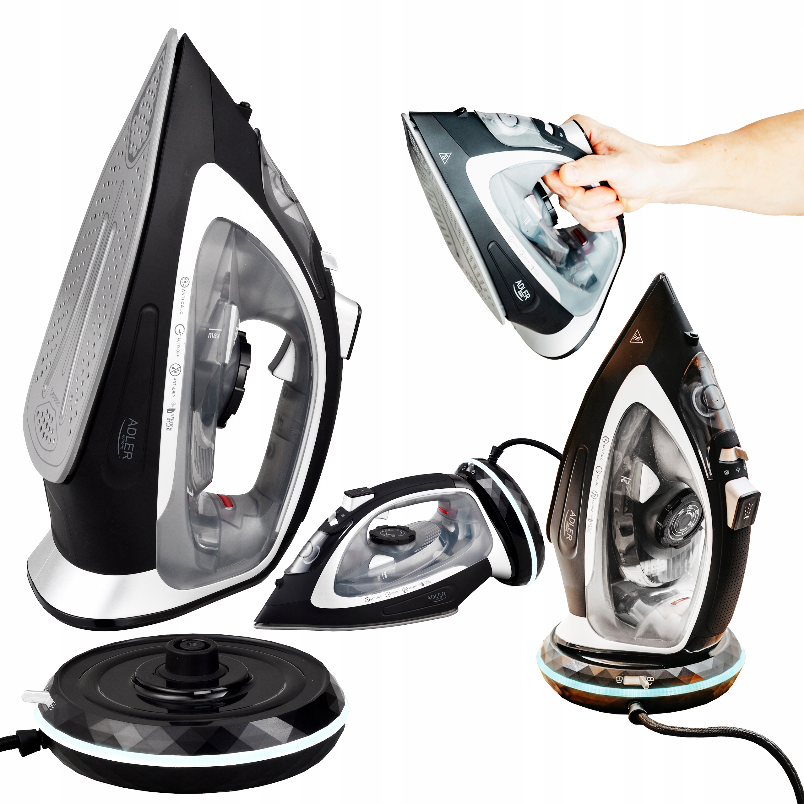 Żelazko Bezprzewodowe Parowe Ceramiczna Stopa Duża Moc 2800W Adler Baza