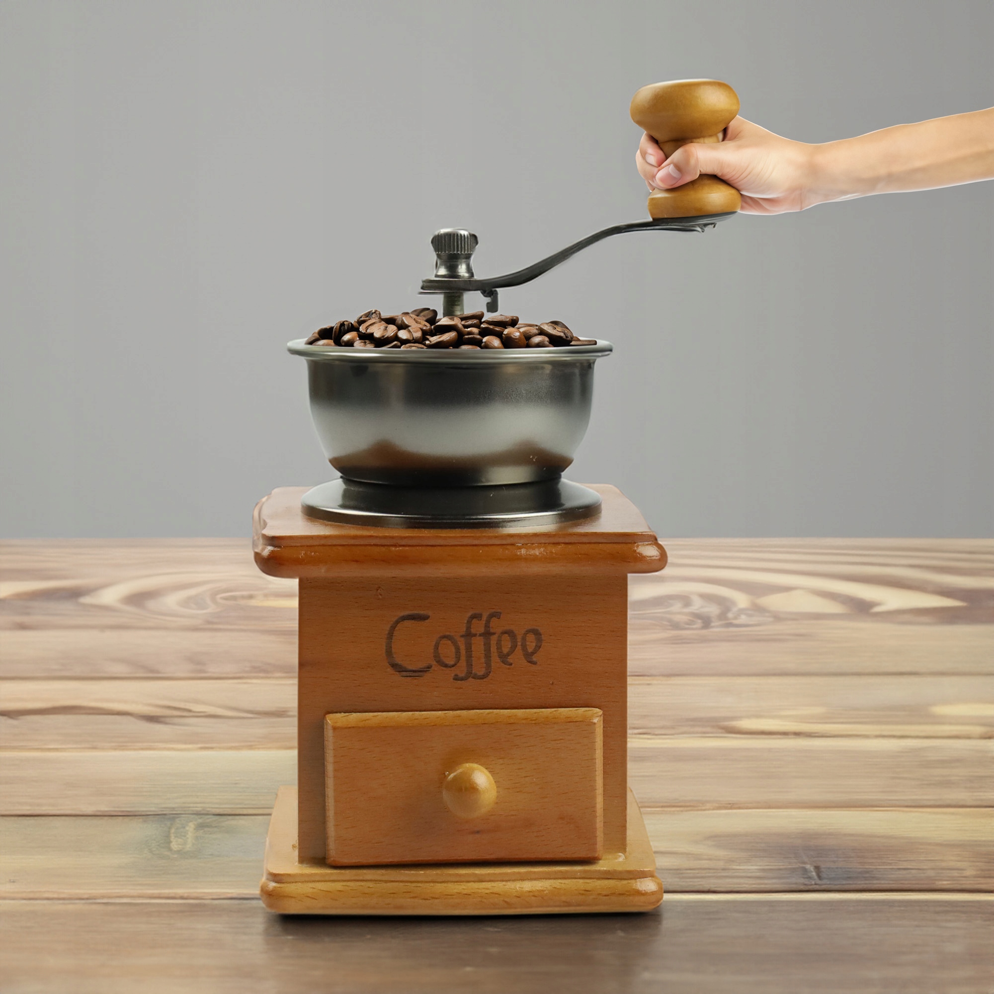 RĘCZNY MŁYNEK DO KAWY DREWNIANY VINTAGE STYL RETRO WYTRZYMAŁY Z SZUFLADKĄ
