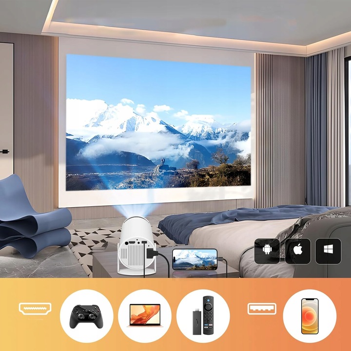 PROJEKTOR RZUTNIK PRZENOŚNY SMART OBROTOWY ANDROID TV WIFI FULL HD BIAŁY Wbudowane głośniki tak