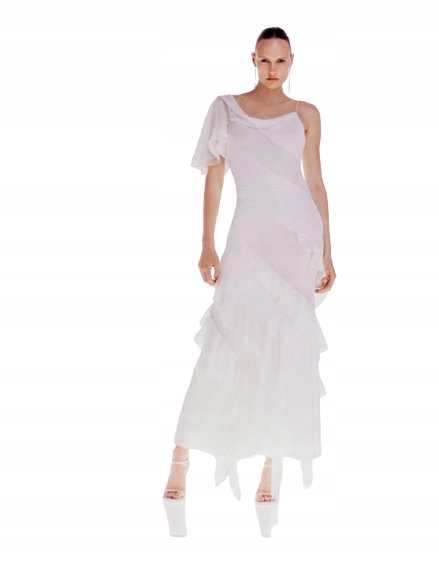 Karen Millen Bílá Šaty MIDI S Volánky A Asymetrickým Rukávem 38 B1F