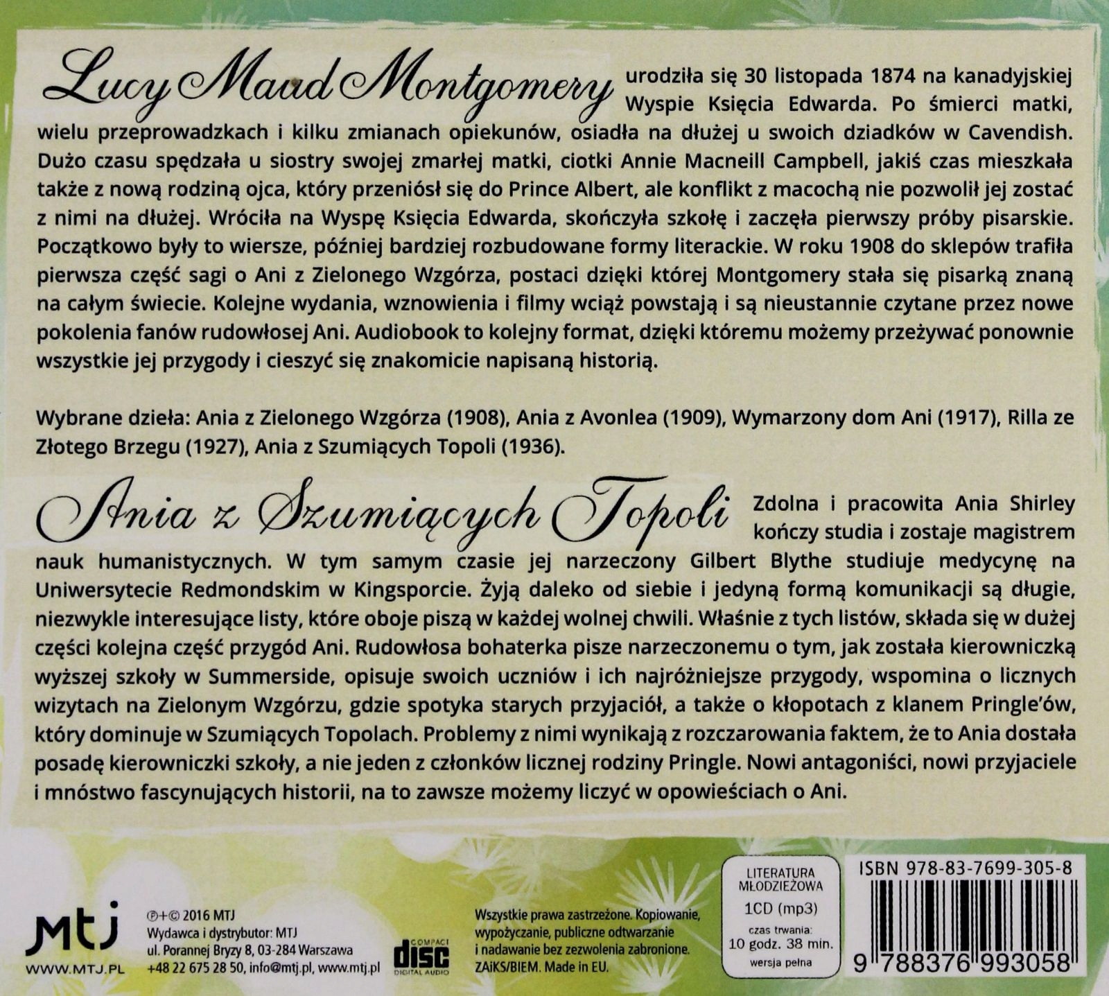 ANIA Z SZUMIĄCYCH TOPOLI - LUCY MAUD MONTGOMERY [AUDIOBOOK] [CD-MP3] Stan opakowania oryginalne