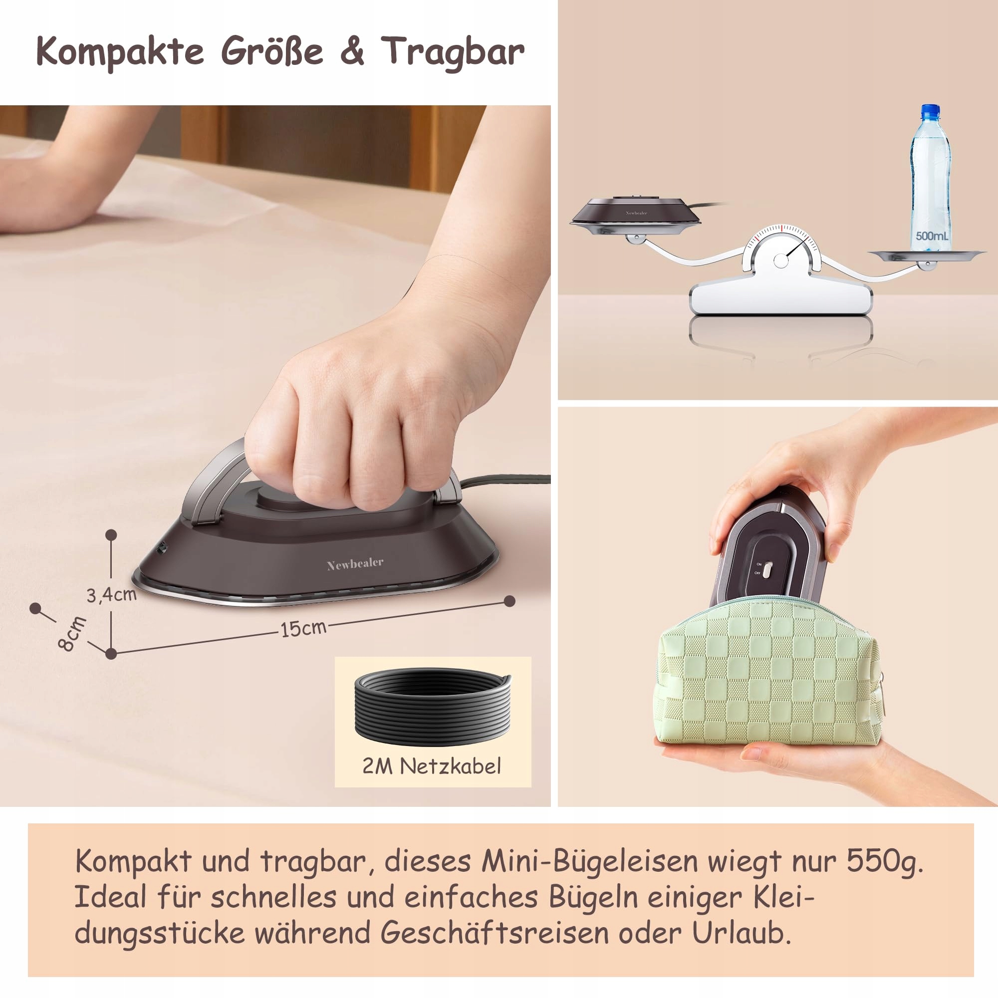NEWBEALER Mini Żelazko Podróżne Dwunapięciowe 220V/120V Ceramiczne — miniatura 4