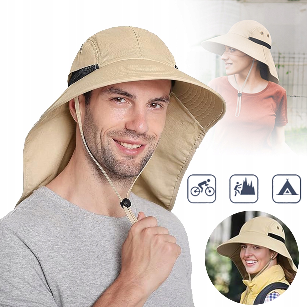 KAPELUSZ PRZECIWSŁONECZNĄ Z OCHRONĄ SZYI CZAPKA WĘDKARSKA ANTY-UV BEŻOWY Materiał dominujący bawełna