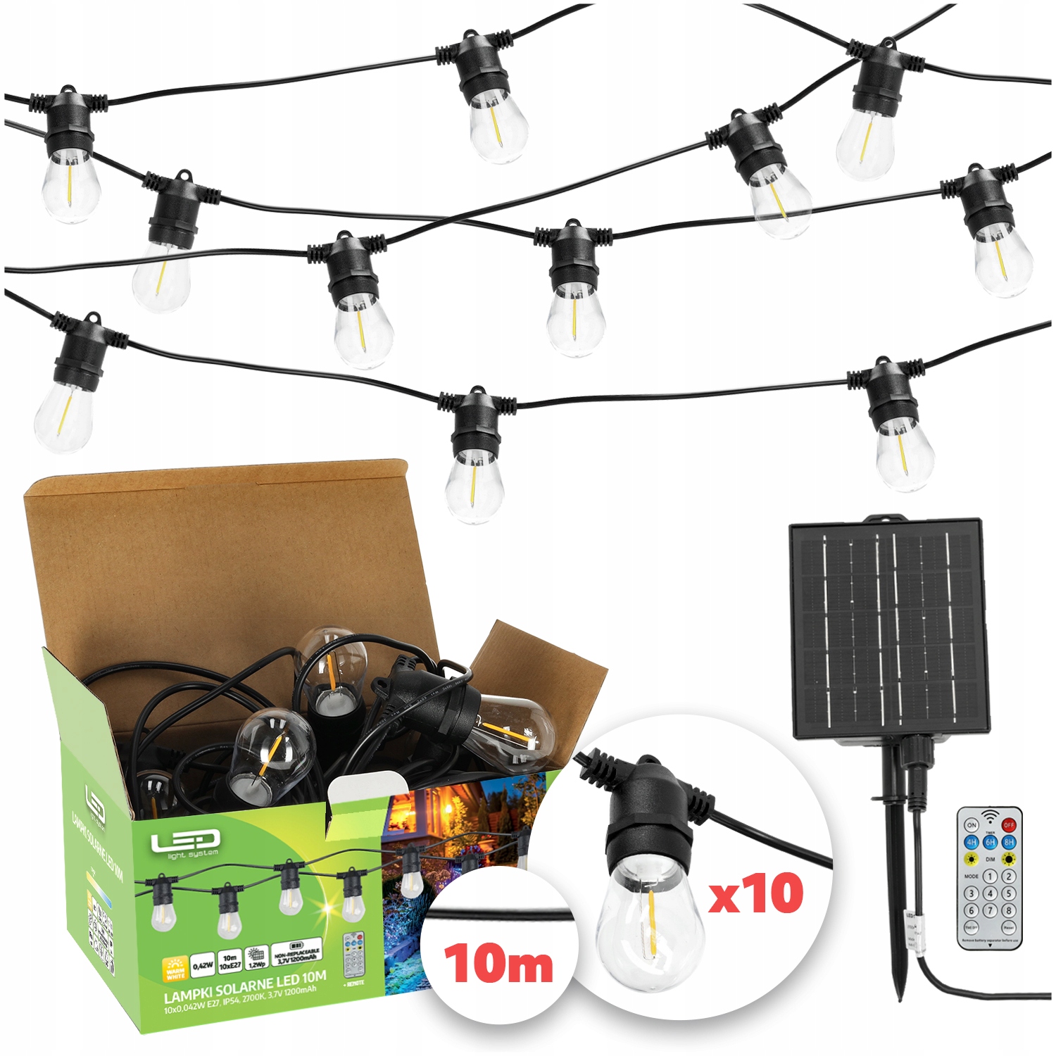 Solární zahradní girlanda Solární lampy 10 m 10x Žárovka E27 Pilot