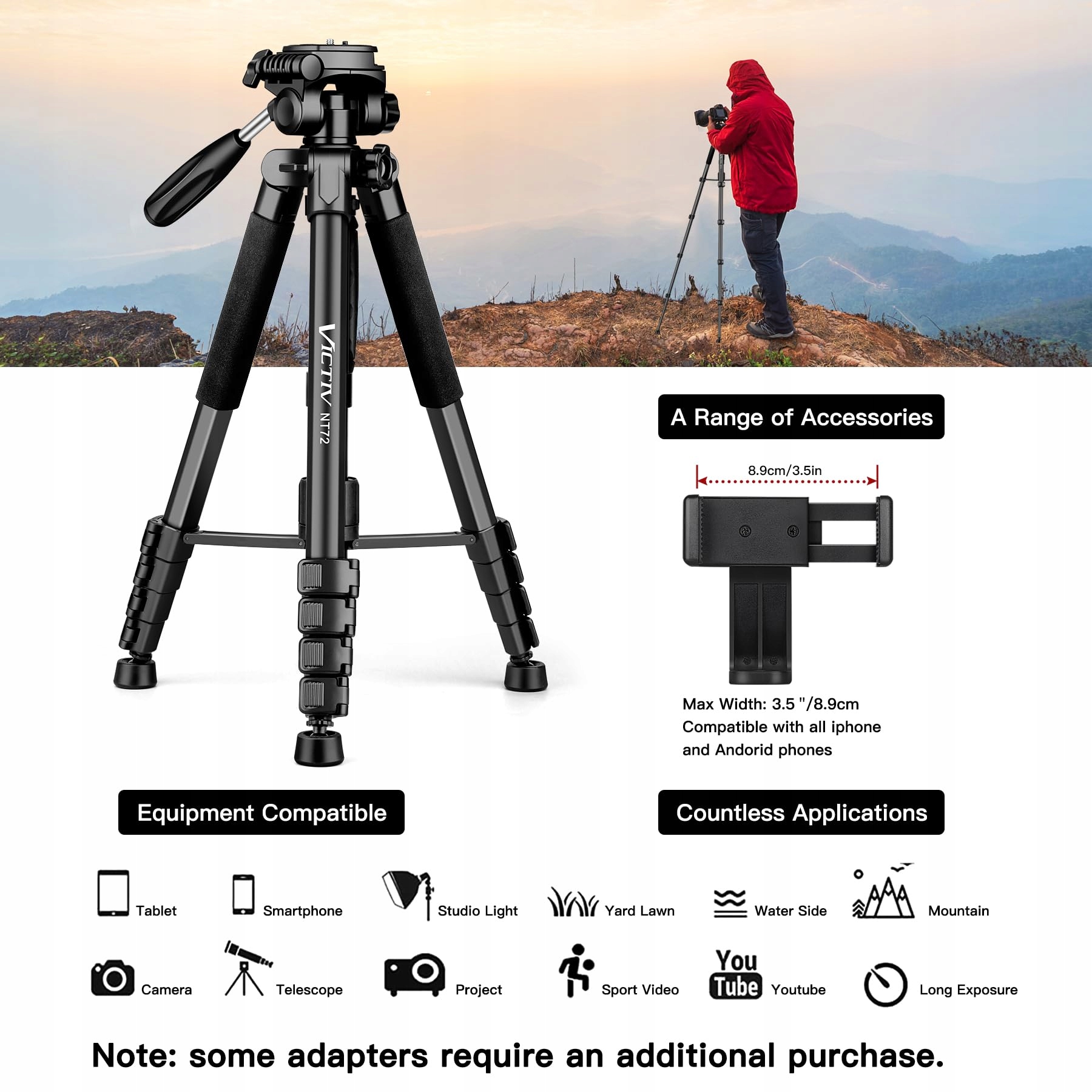 VICTIV Statyw Kamera 182 cm Aluminiowy Monopod Tripod z Głowicą Kulową — miniatura 4