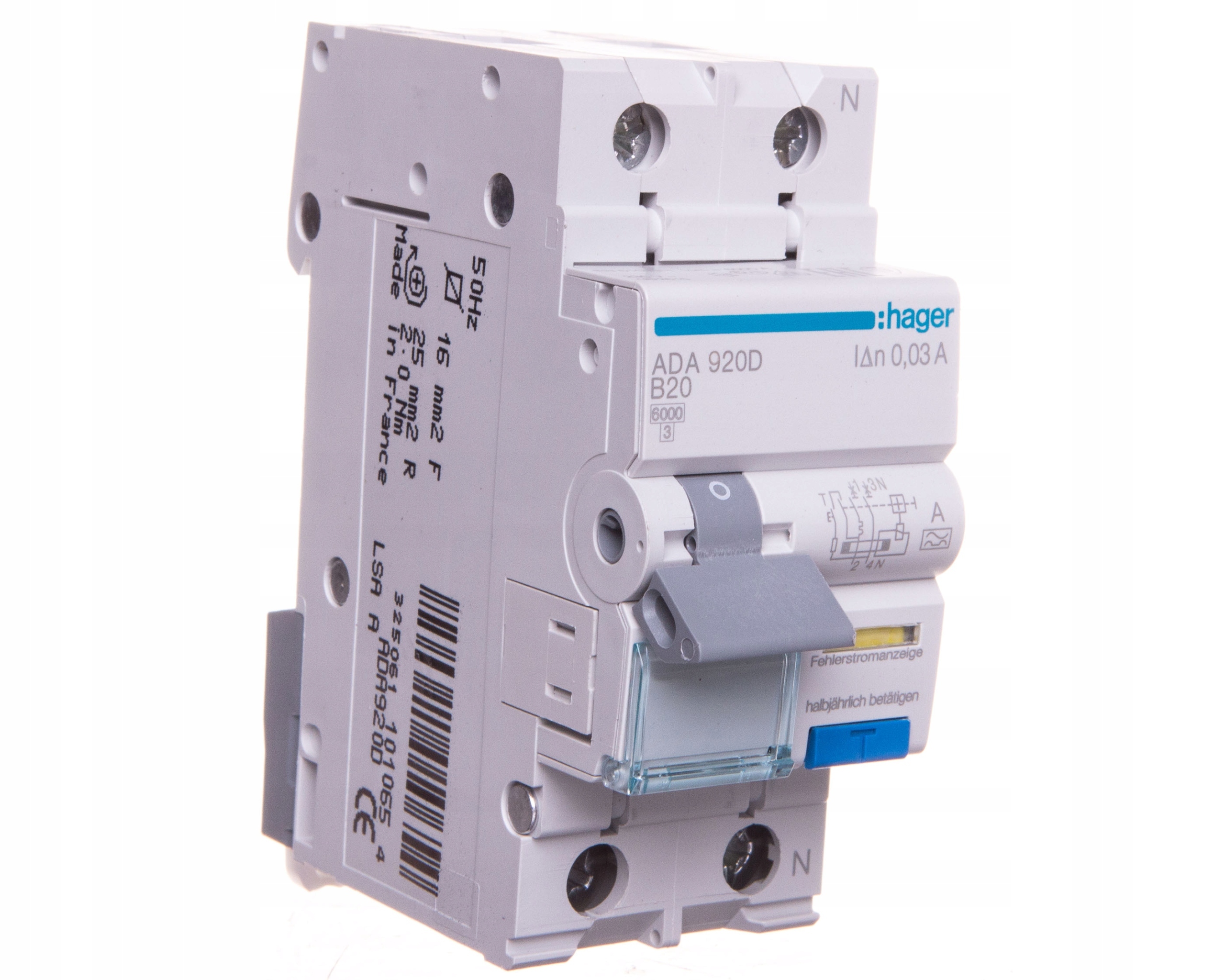 Nadprúdový diferenciálny vypínač Rcbo 1P+N 6kA B 20A/30mA Typ A