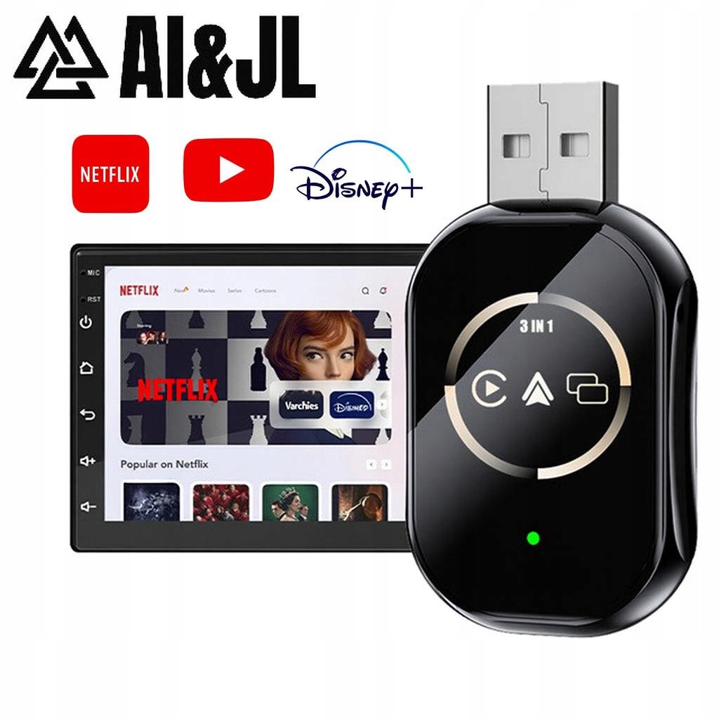 AI&JL 3w1 Netflix bezprzewodowy adapter Android CarPlay YouTube filmy