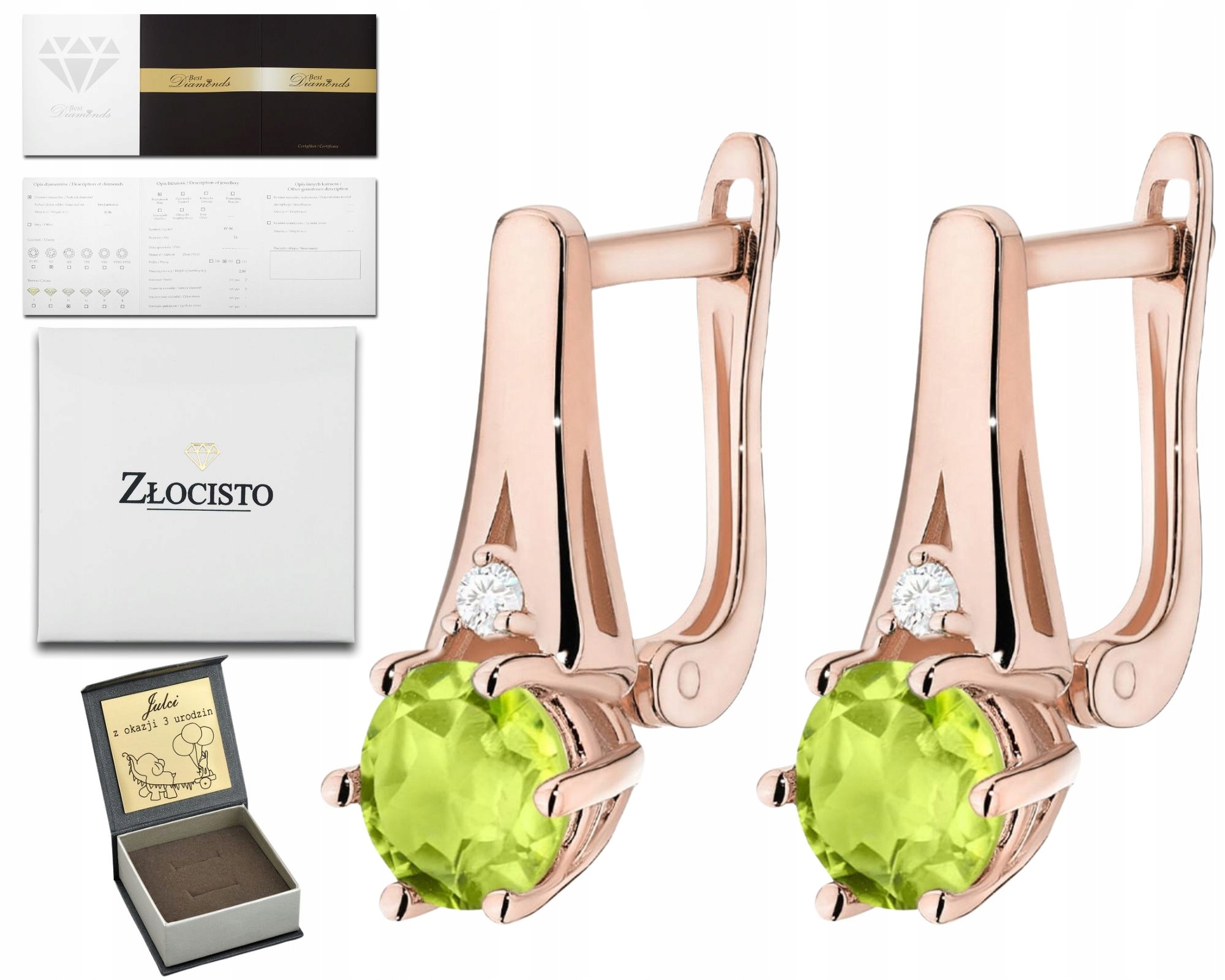 Růžové Zlato Olivín Diamanty Náušnice Anglické Zapínání Zlato 585 Gravírování