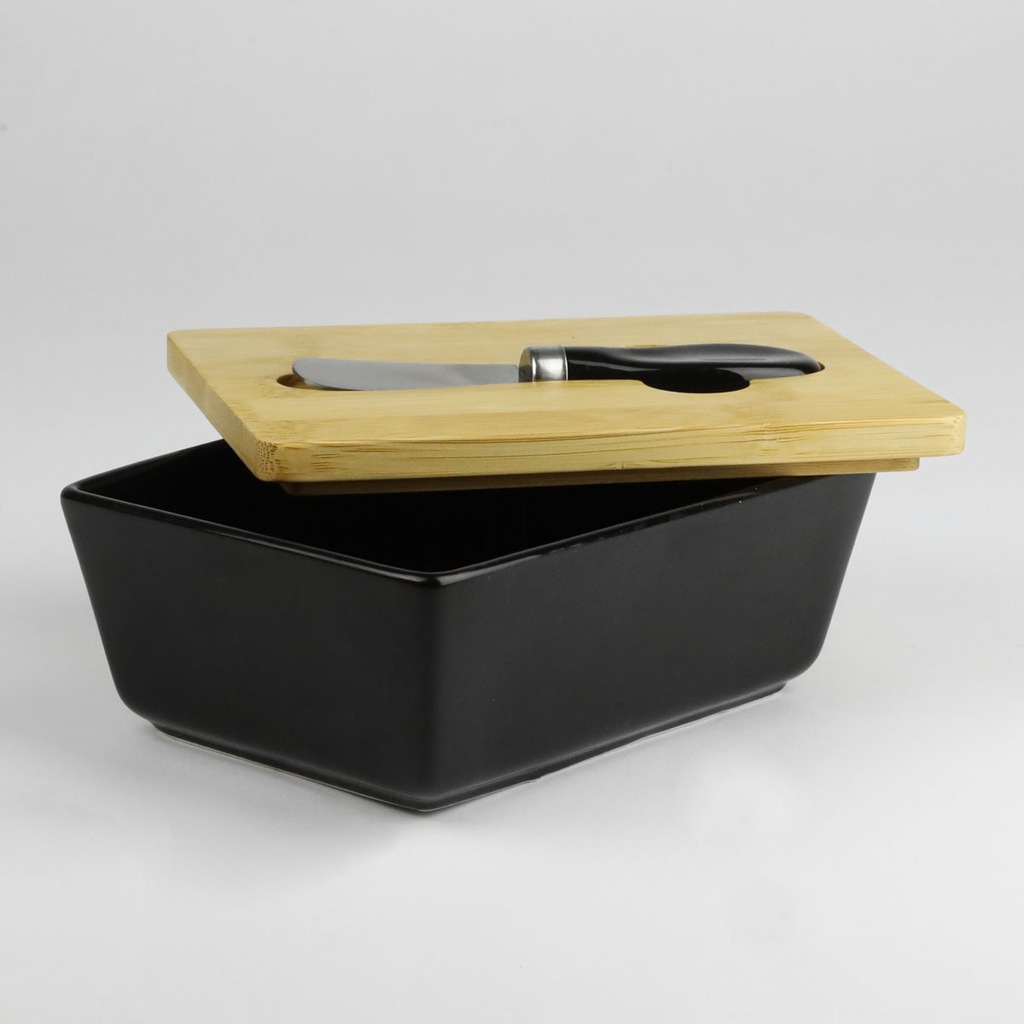 MASELNICA PORCELANOWA CZARNA +NOŻYK POJEMNIK NA MASŁO Z BAMBUSOWĄ POKRYWKĄ Kolor czarny