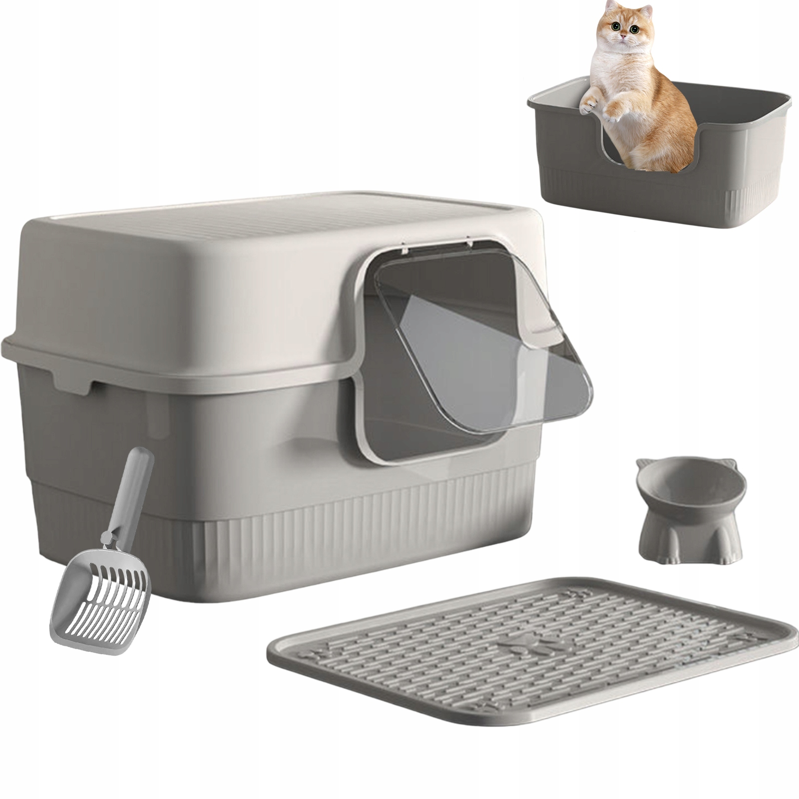 Levně Uzavřená Toaleta Pro Kočky – Velká, S Lopatkou, Snadno Se Čistí, Šedá