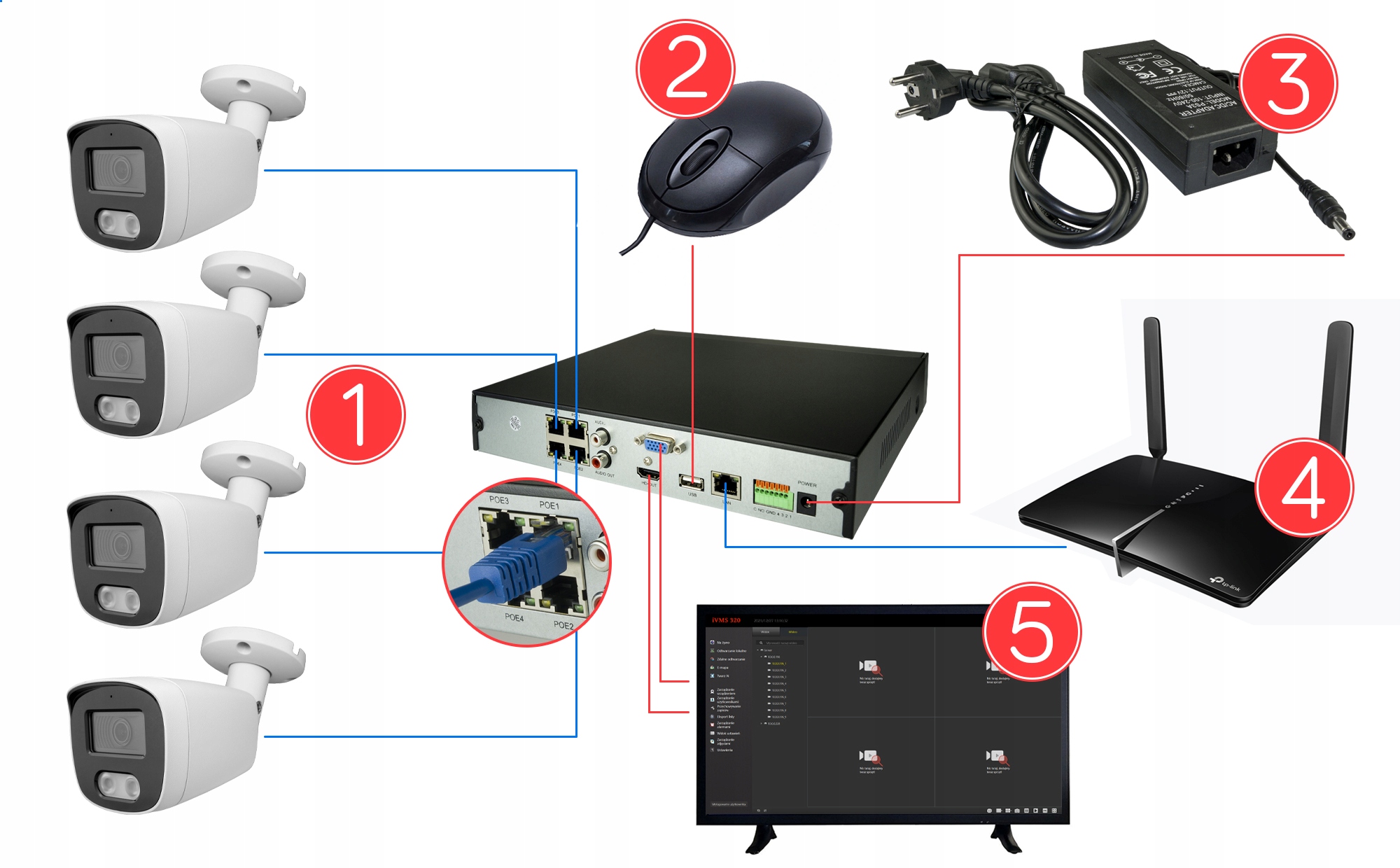 Monitoring cyfrowy IP 4 kamery 4Mpx PoE wbudowany mikrofon online 2TB Zasięg podczerwieni 25 m