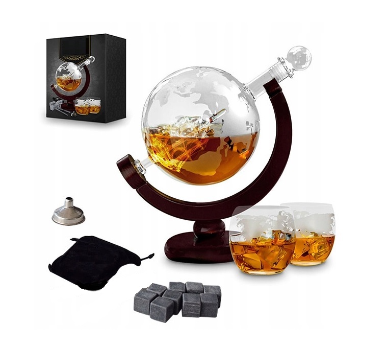 Karafka do Whisky Globus Zestaw 2 Szklanki Podkładki Szczypce Kostki 850 ml
