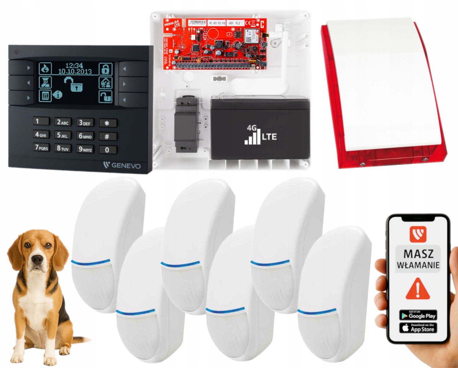 Zestaw Alarmowy PRIMA64LTE Gsm Panel LCD 4 Strefy 6 Czujek Bingo Aplikacja