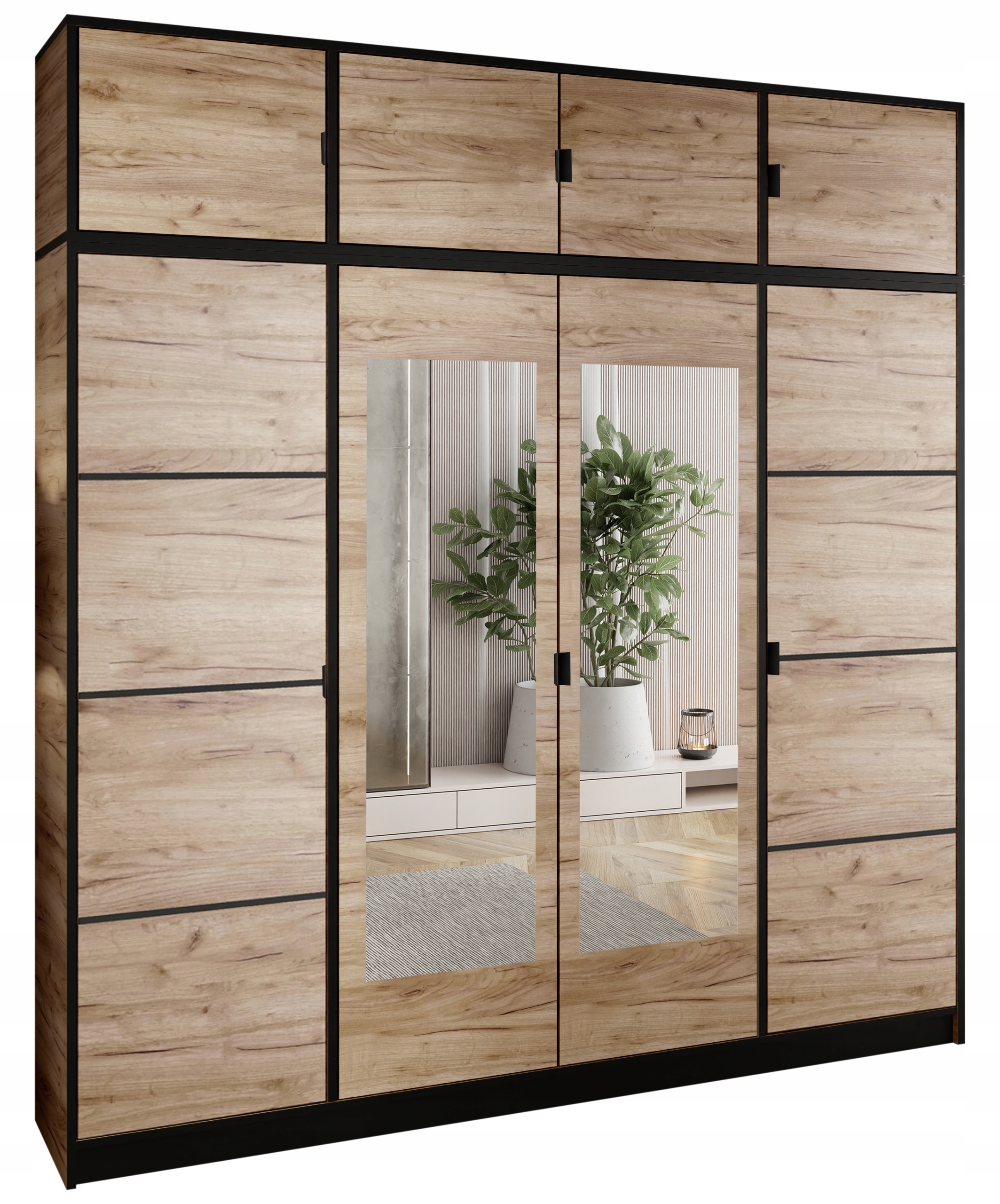 Skříň Lumi 207 4D Dub 2x zrcadla Dior Vzor 2 úchytky, část s přesahem