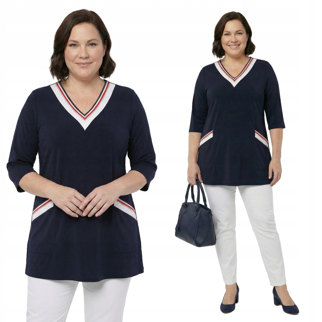 Tmavě modrá tunika s červenými pruhy plus size, velikost 58