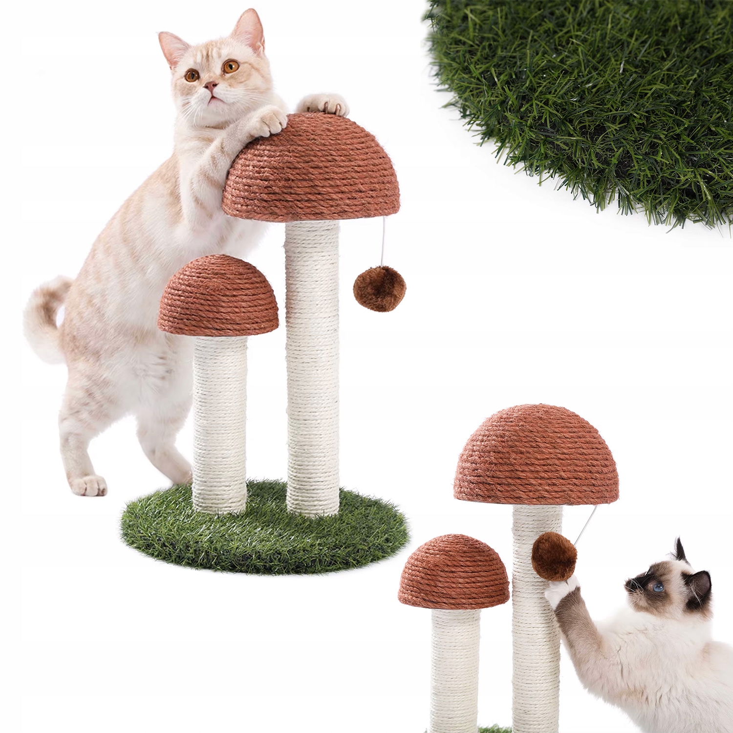 Levně Drapak Pro Kočky Sisalová Houba 2 Houbičky Tráva Hračka Závěsná 36x30 cm
