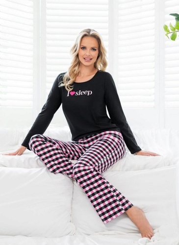 Dámské bavlněné pyžamo s dlouhým rukávem, kostkované kalhoty Donna Sleep Long L