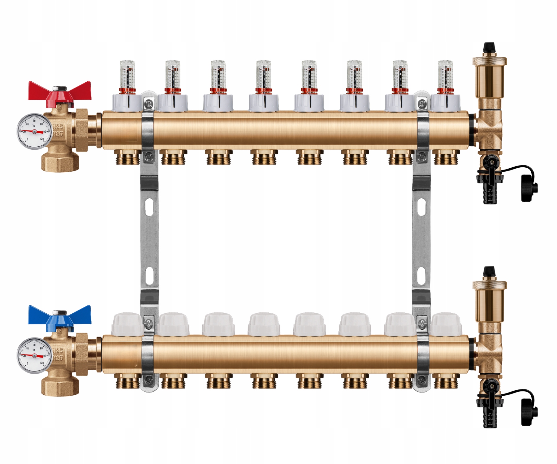 Rozdělovač Podlahy 8 Okruhů Úhlový Kulový Ventil Teploměr Pex
