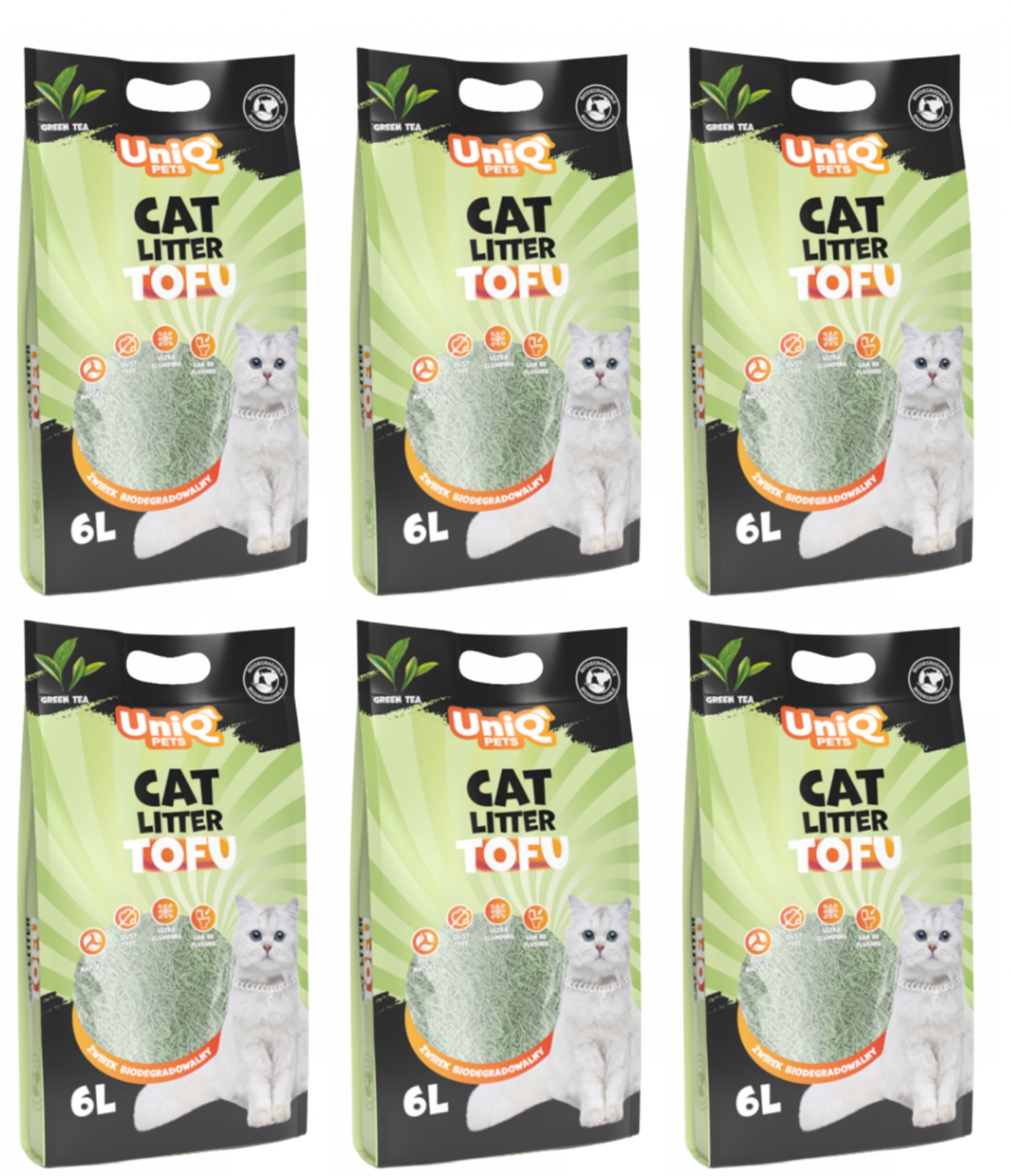 Uniq Pets Żwirek Tofu dla kotów biodegradowalny Zielona herbata 6L x 6szt