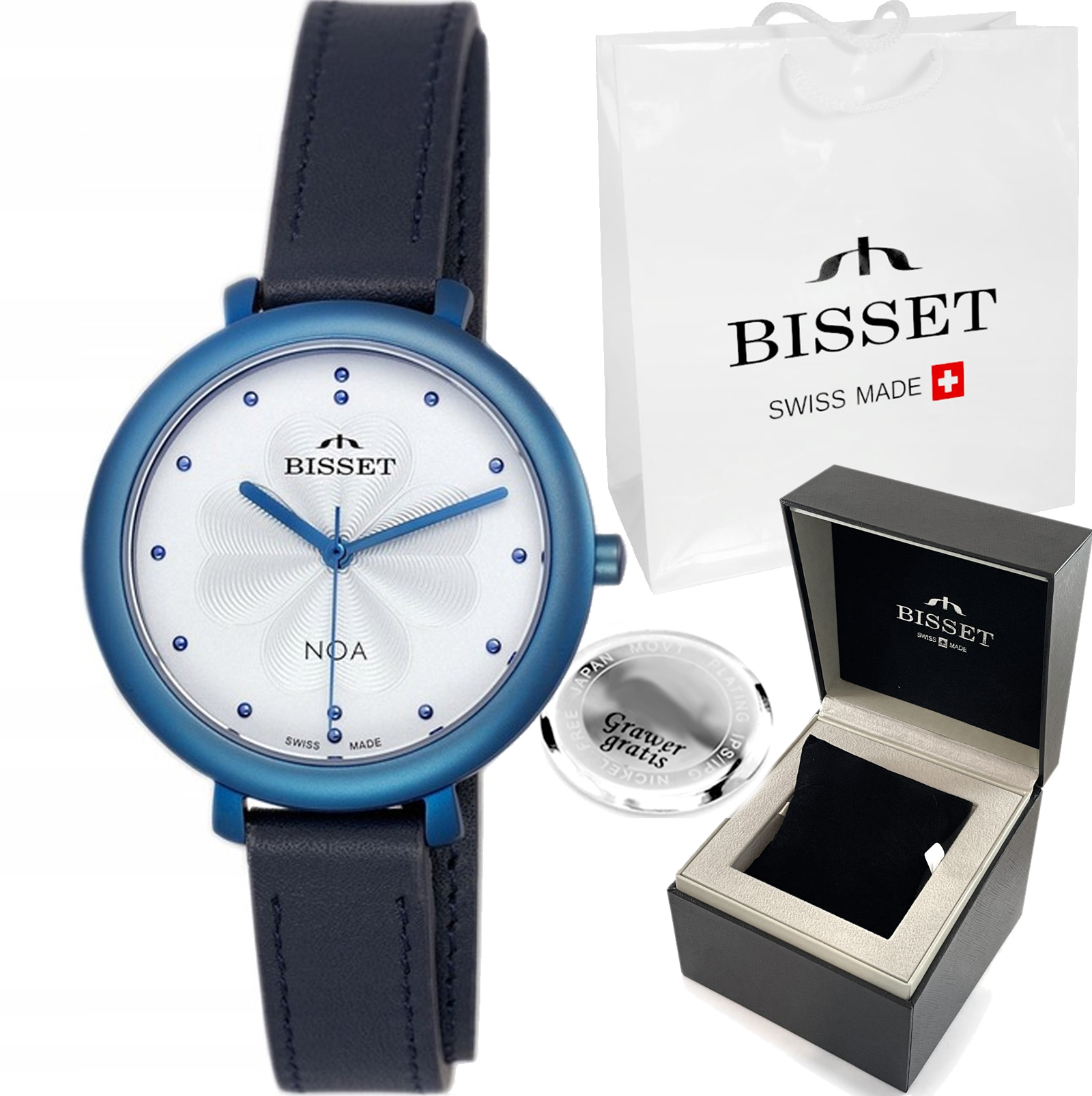 Švýcarské dámské hodinky Bisset Lori, tmavě modrá barva – zavinovací řemínek Gravírování