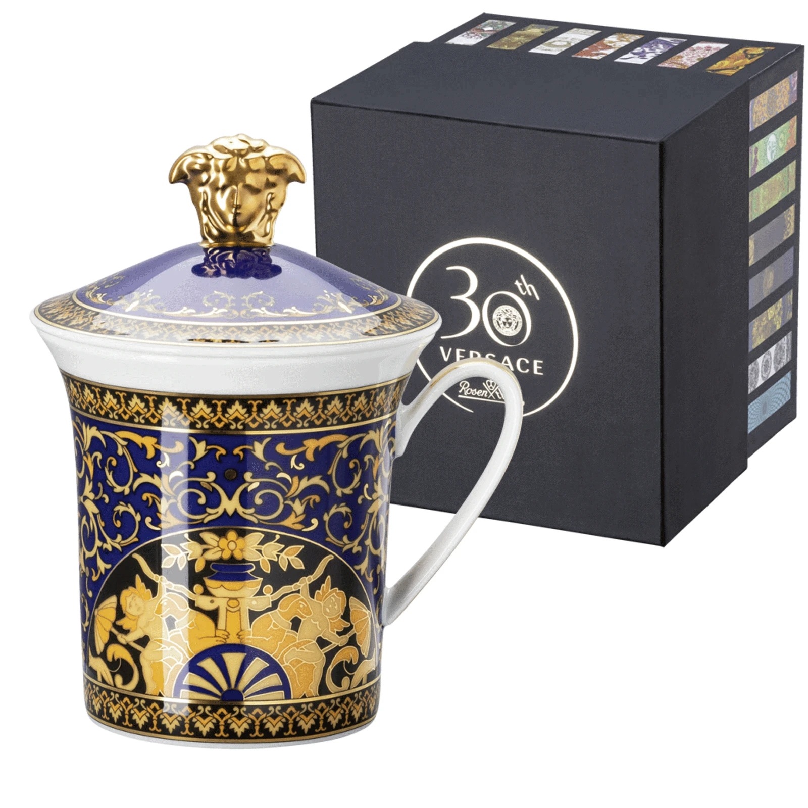 Hrnček s pokrievkou Versace Medusa Blue, limitovaná kolekcia 30 rokov
