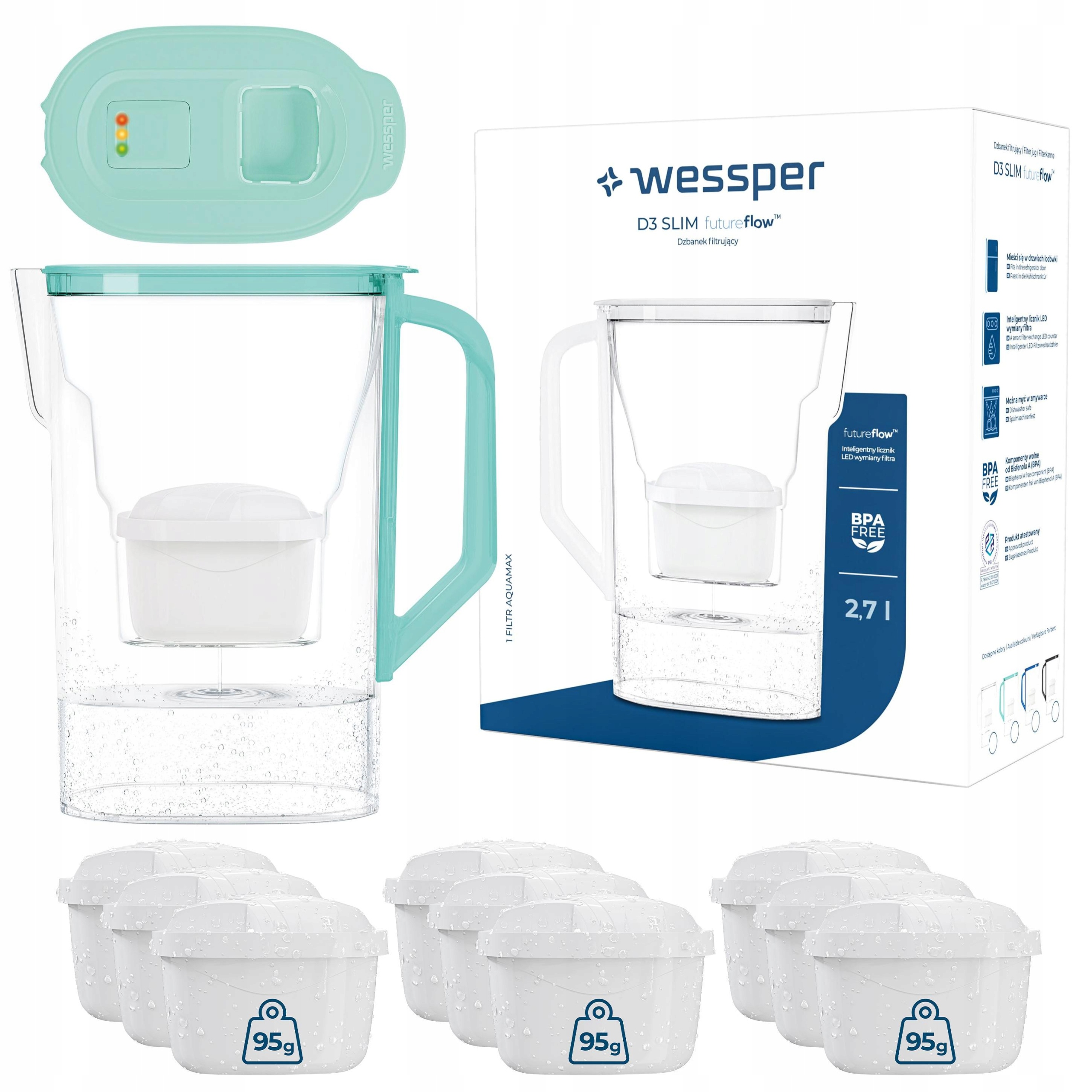 Filtrační konvice Wessper na dveře ledničky s futureflow Led 10 x vodní filtr