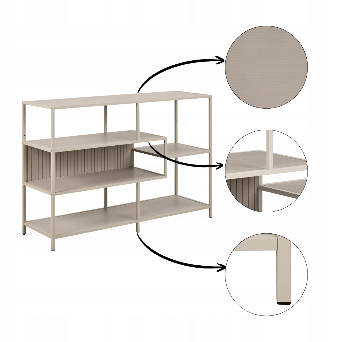 Nízky otvorený šedý regál na knihy, dekorácie, 4 police, 114 x 78 cm, Seaford