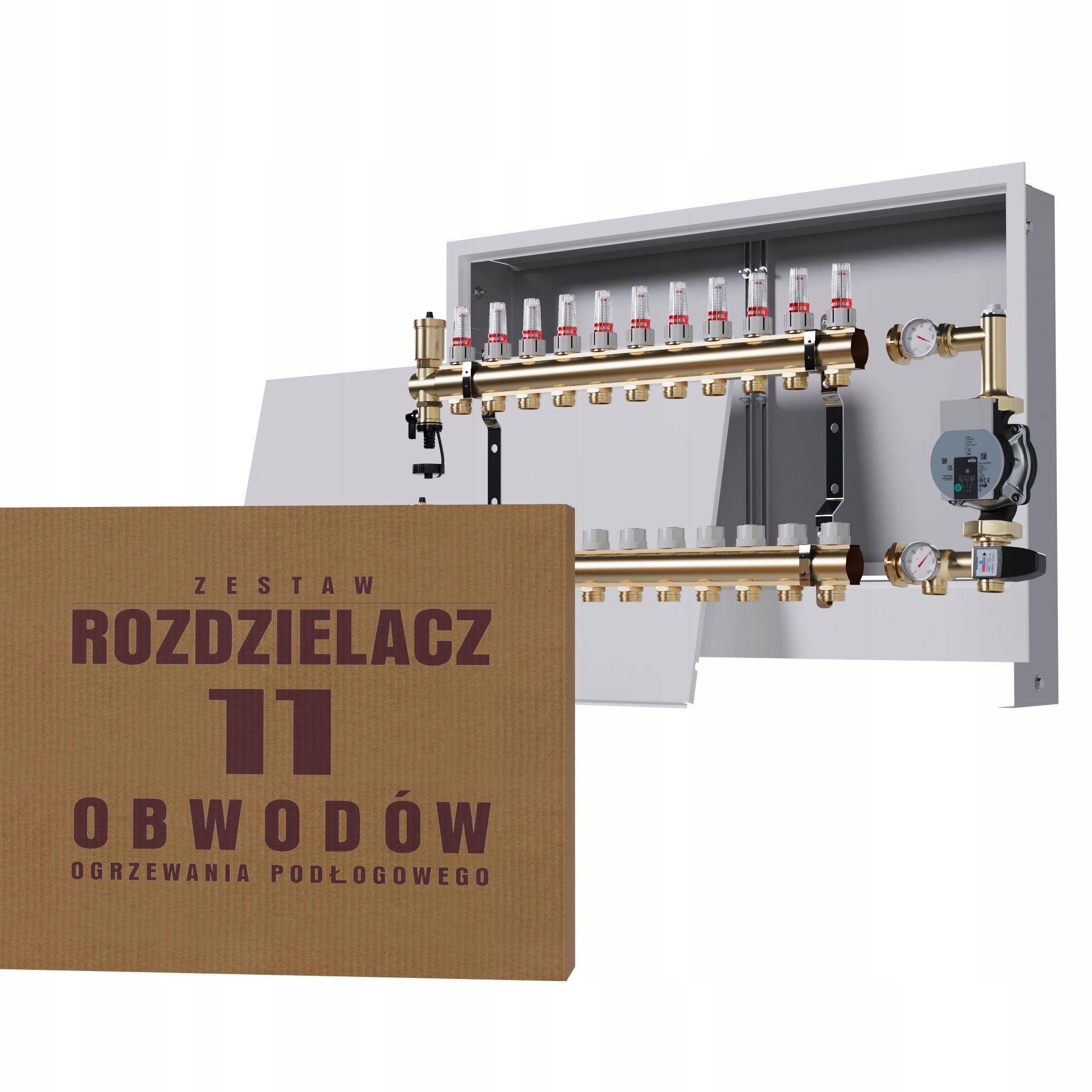 Rozdělovač pro podlahu 11 okruhů se skupinou Wilo podomítková skříňka