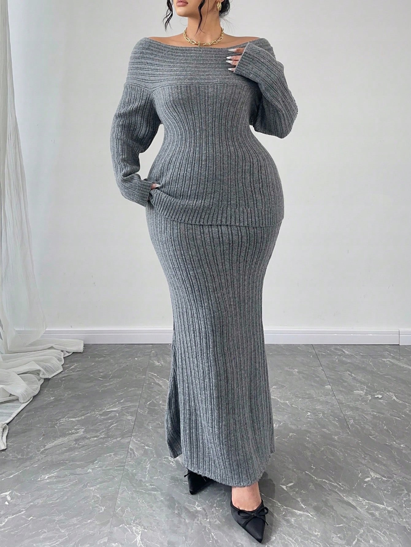 Komplet Pletený Šedý Maxi Svetr Sukně Pruhovaný Shein 3XL 46