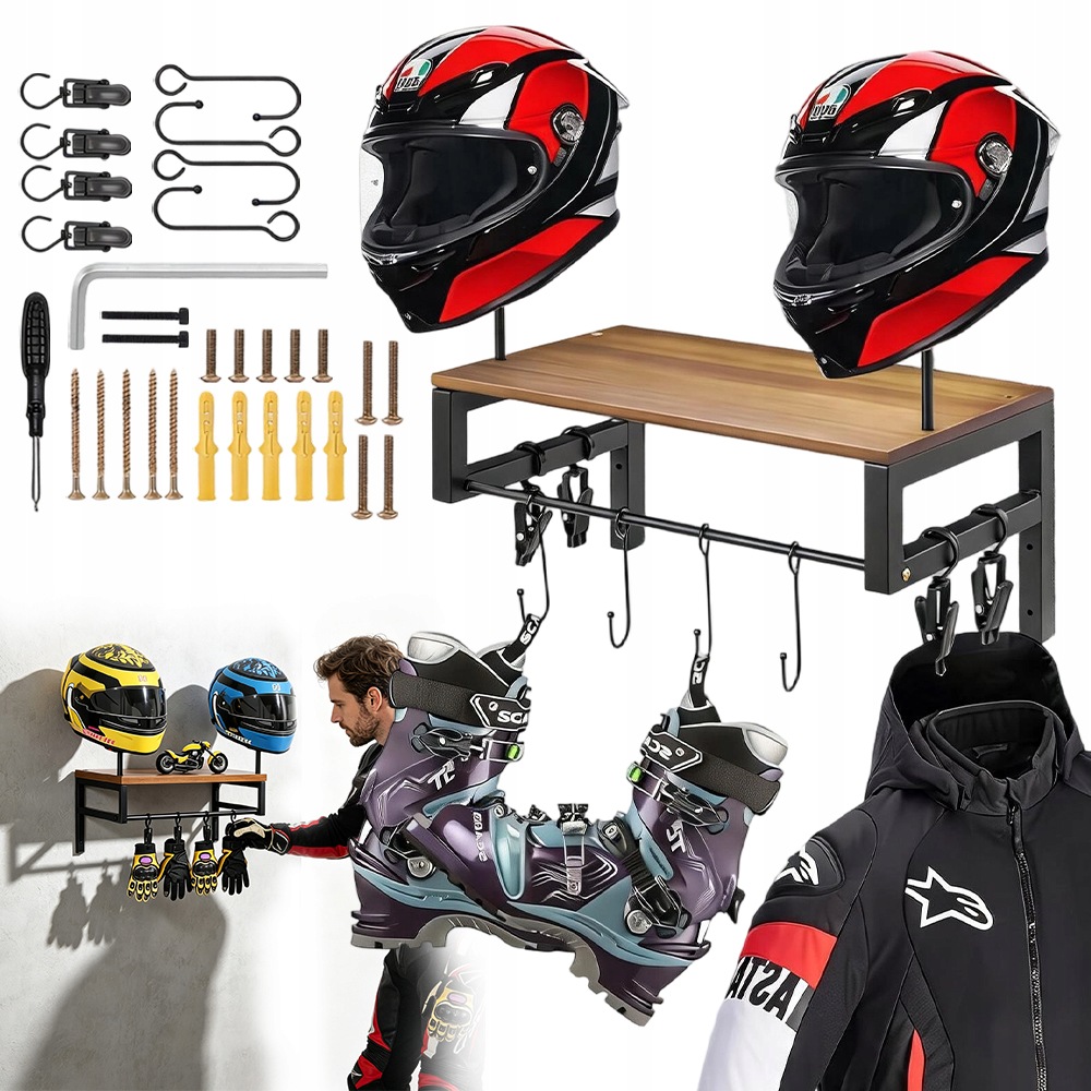 Wieszak Uchwyt Drewno Na Kask Motocyklowy Z Hakiem Na Rękawice 41x24x43.5cm