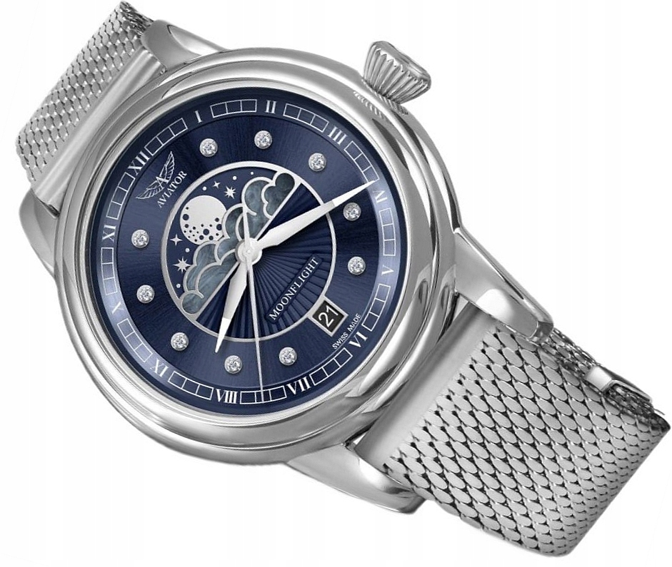 Švýcarské Dámské Hodinky Aviator V.1.33.0.379.5 Moonflight Diamonds Krabička