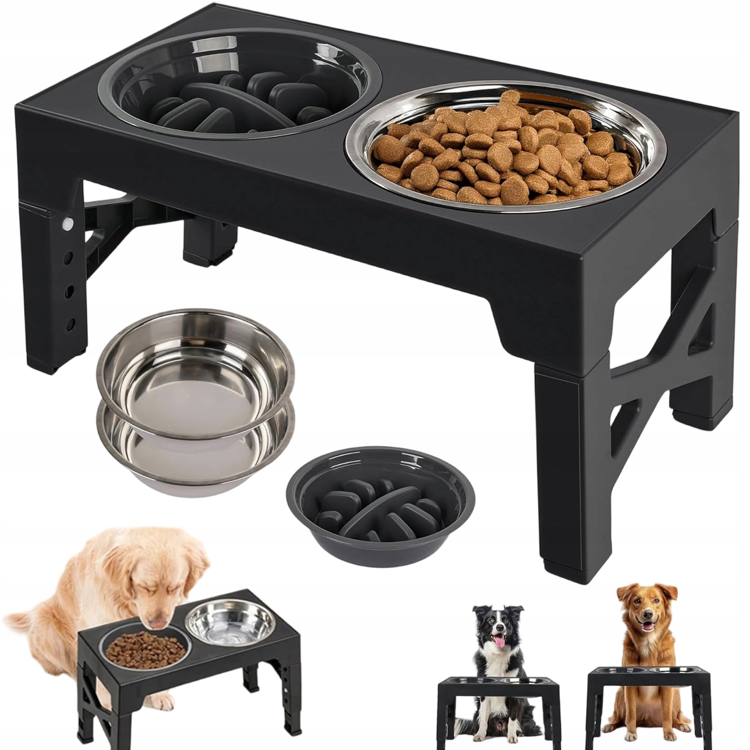 Levně Miska Pro Psa Na Stojanu, Miska Dvojitá, Nastavitelná, Velká, Protiskluzová, 2V1