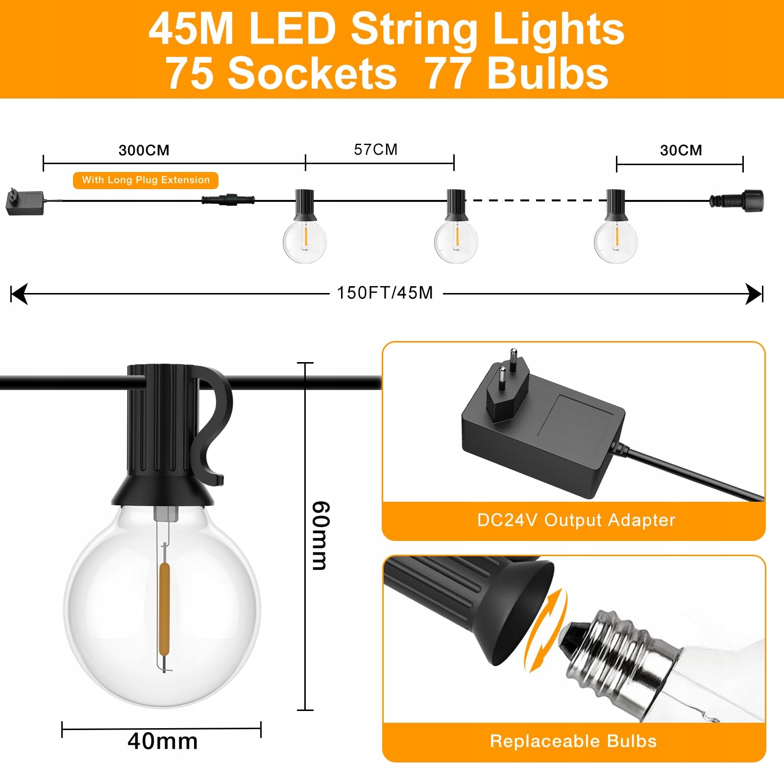 GLUROO Girlanda Lampki Zewnętrzne 45M 75 LED Ciepłe Białe Wodoodporne — miniatura 6