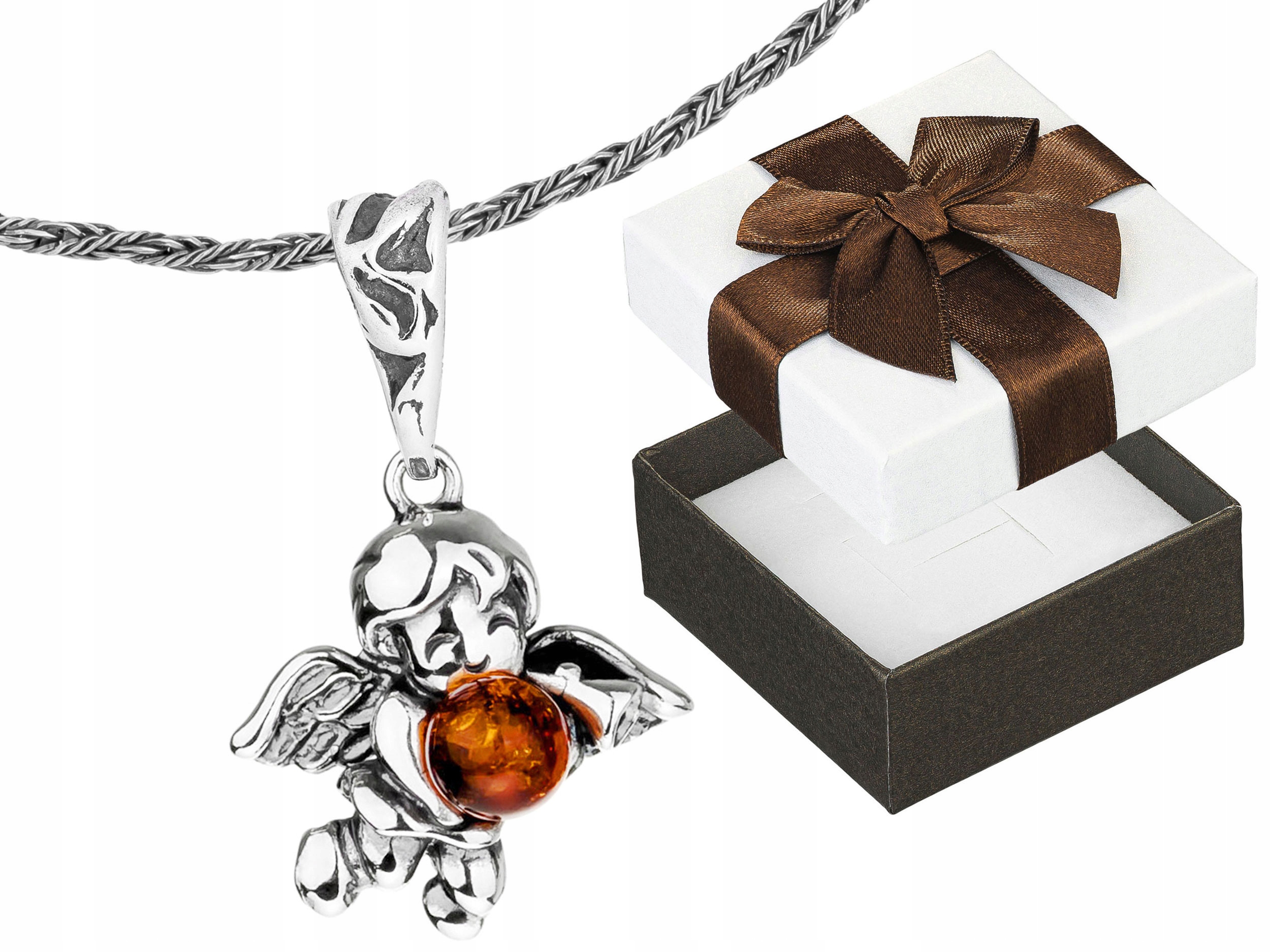 Dlouhý Stříbrný Dámský Oxidovaný Náhrdelník Andílek s Jantarem Choker 55