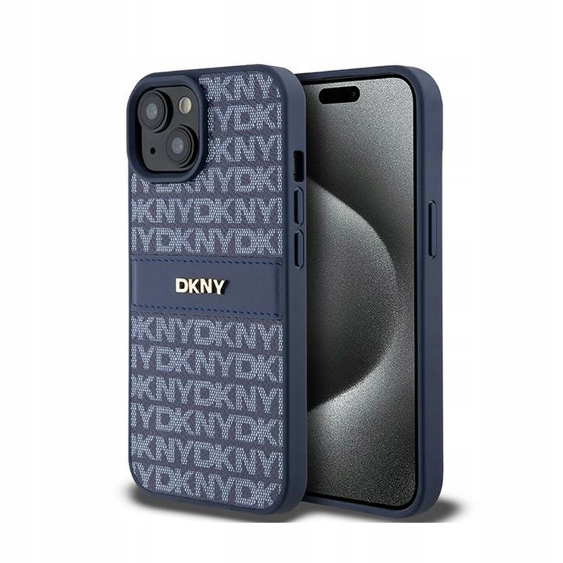 Dkny Leather Mono Stripe & Metal Logo Pouzdro pro iPhone 15 14 13 (modré)