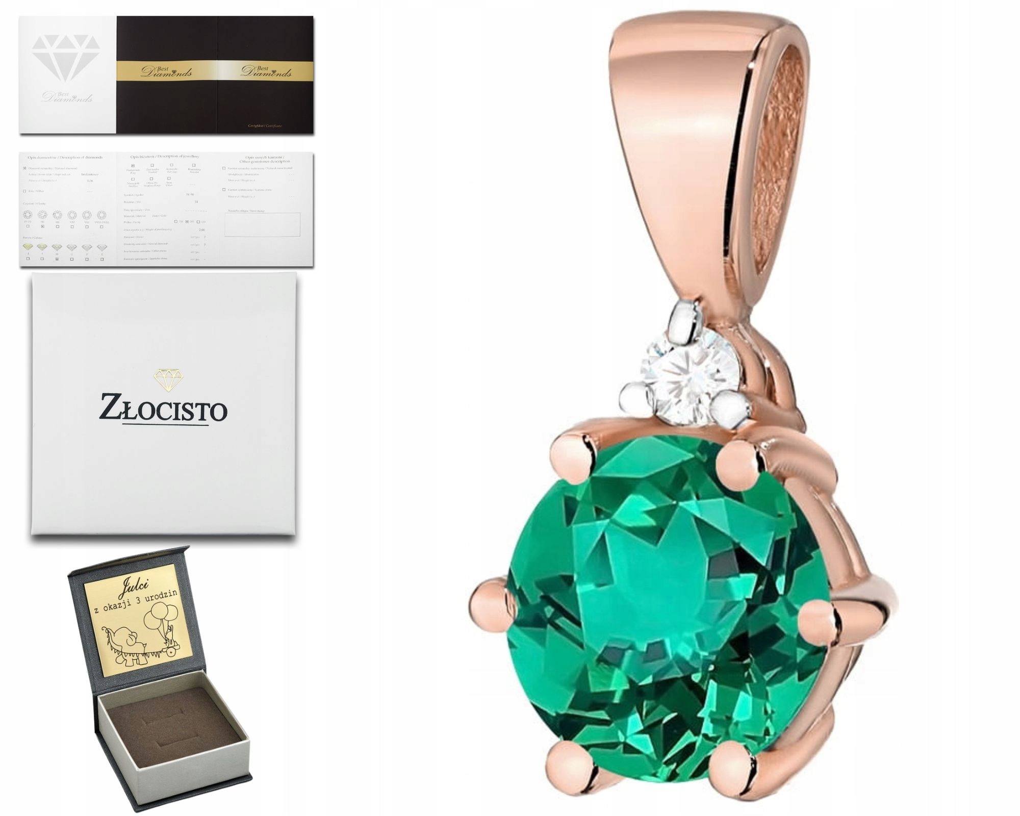 Růžové Zlato Přívěsek Přírodní Kámen Zelený Smaragd A Diamant