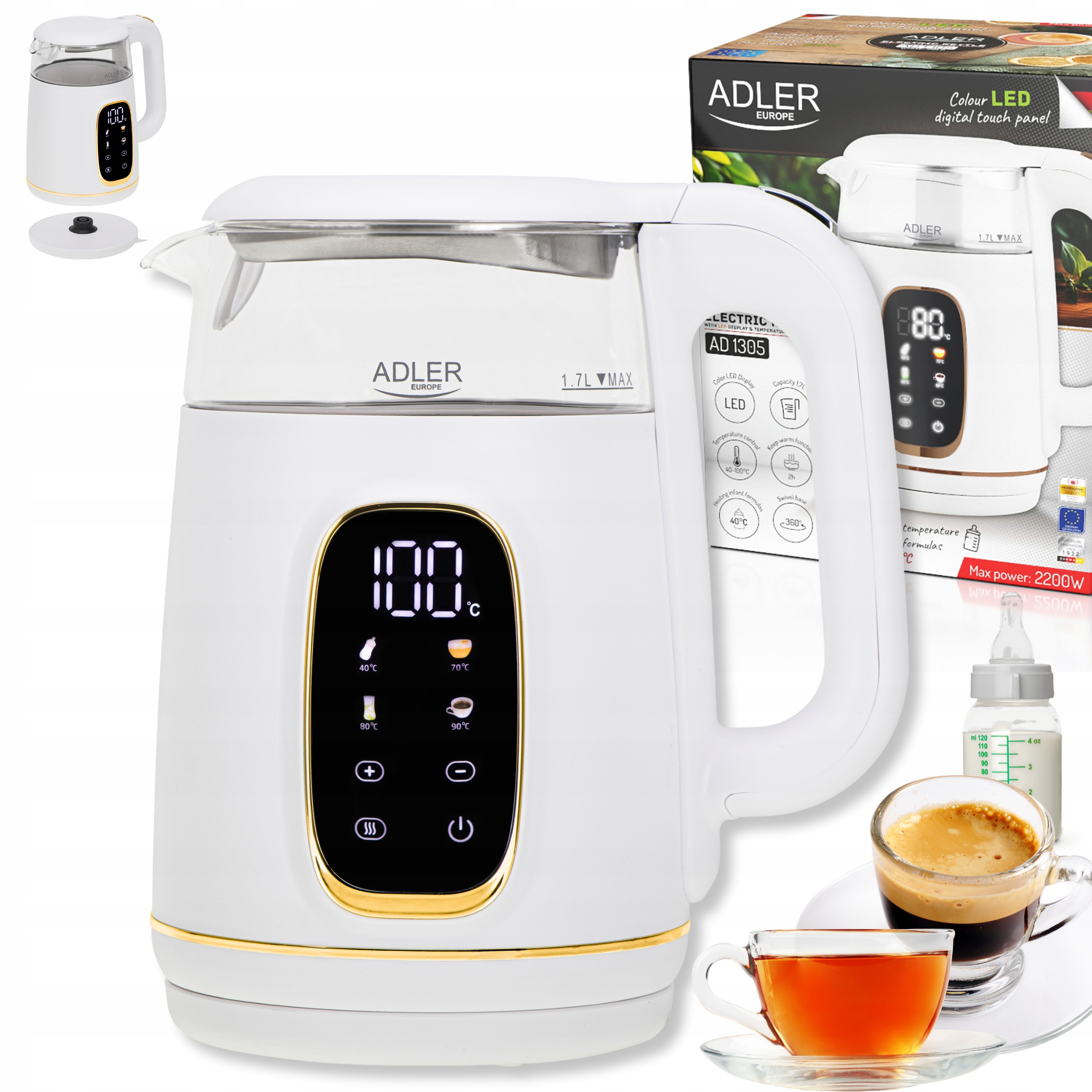 Elektrická skleněná konvice s regulací teploty do kuchyně 1,7 l 2200 W