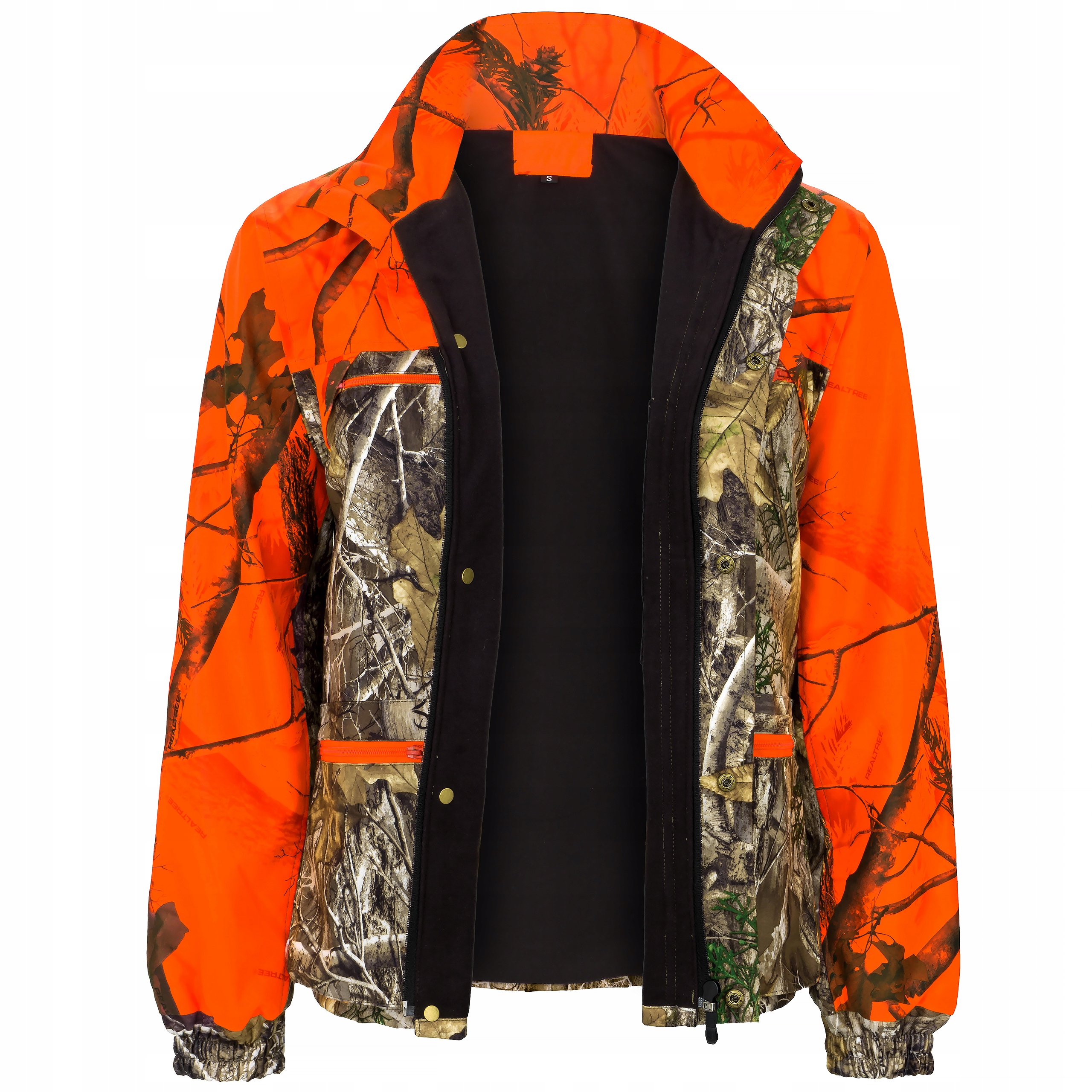 Kurtka myśliwska w kamuflażu-pomarańczowe wstawki na polowania zbiorowe L