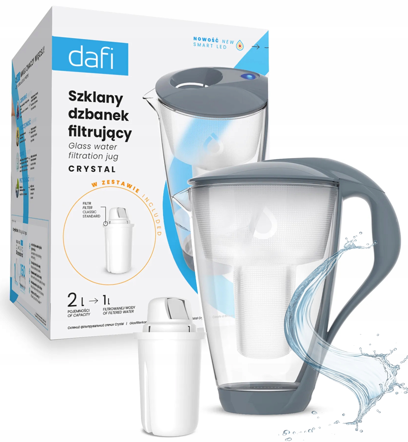 Dzbanek filtrujący szklany Dafi Crystal Led Szary 1 filtr Classic