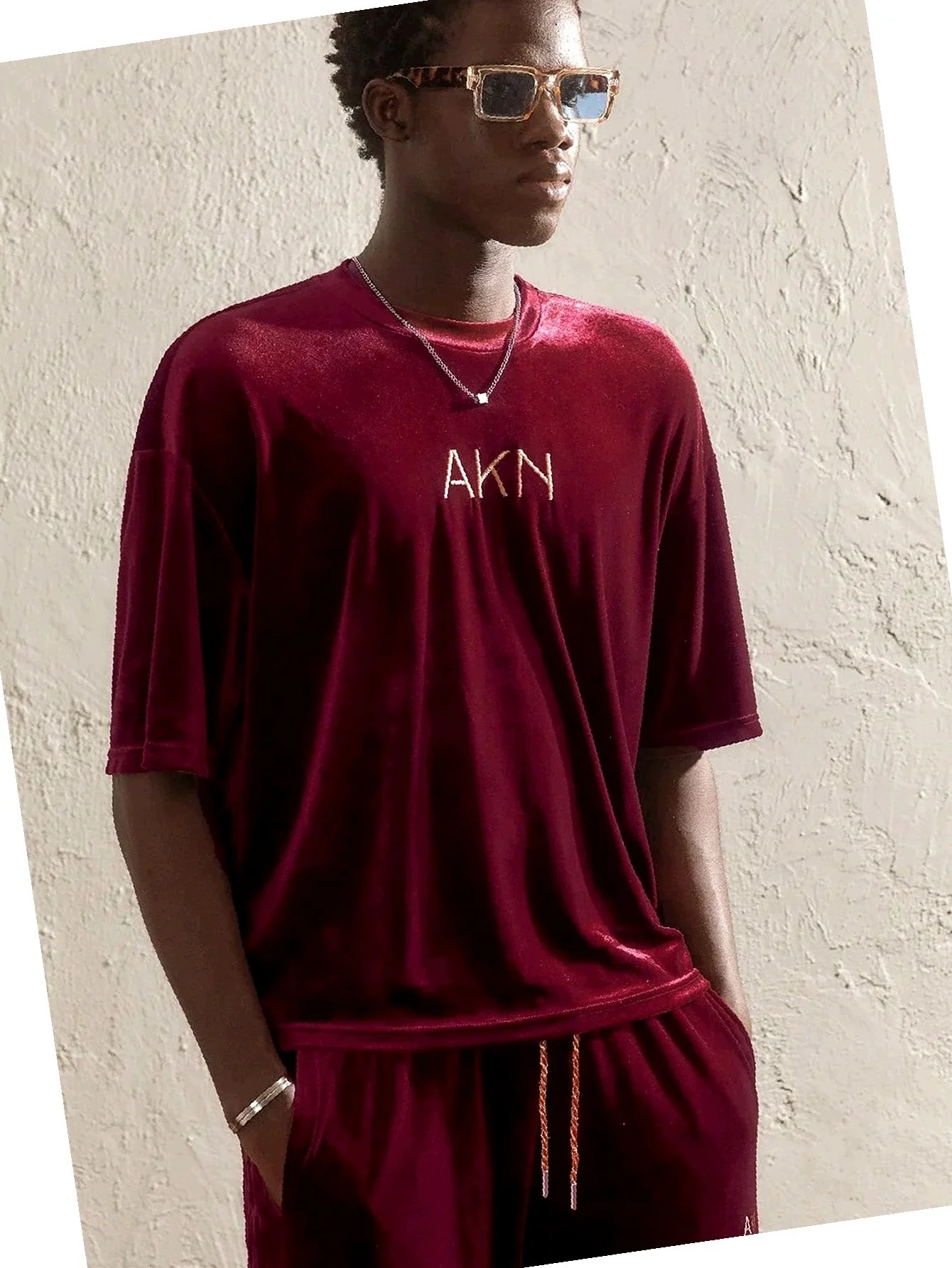 Pánský sametový komplet Burgundský Oversize Velurový Vyšívaný M