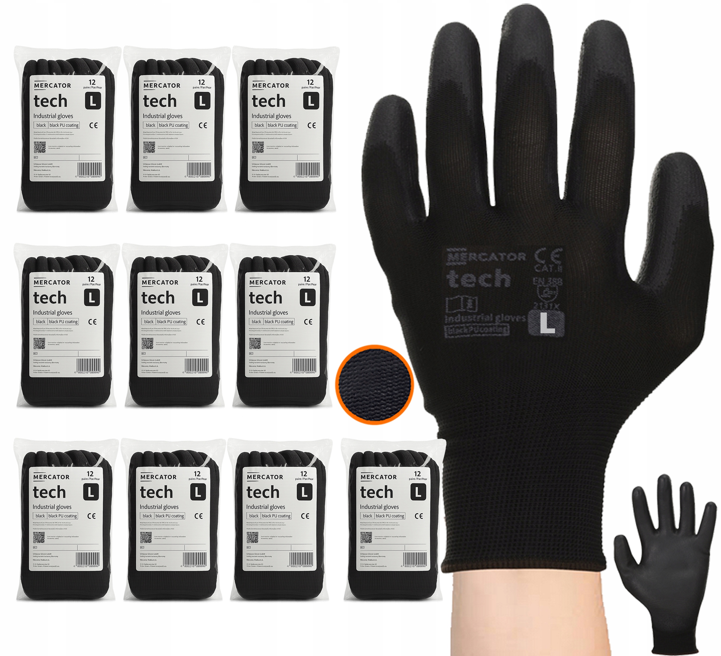 Pracovní Rukavice Přiléhavé Mercator Tech Black+Black Poliur vel. L 120 párů