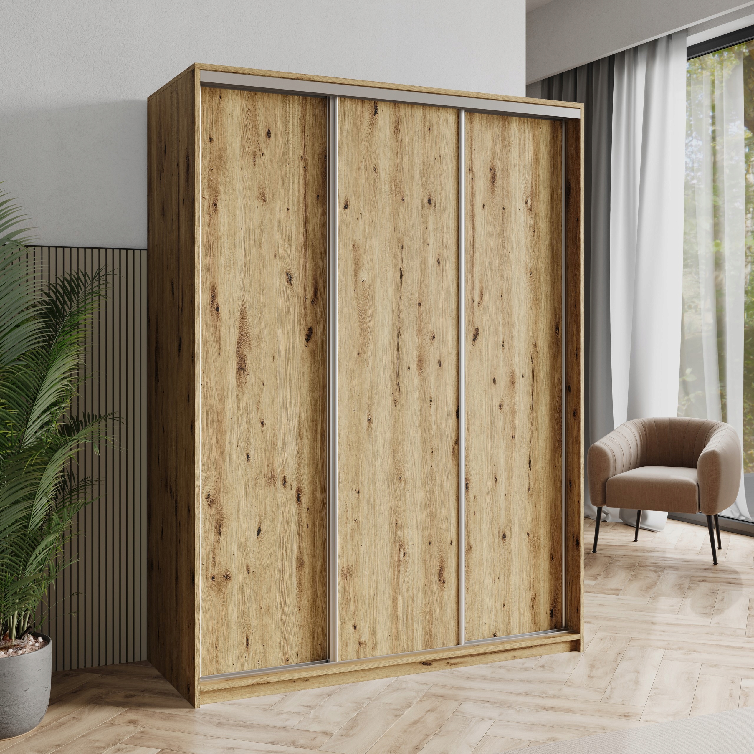 Skříň Třídveřová Nisse 150 cm Zásuvky Dub Artisan Satén
