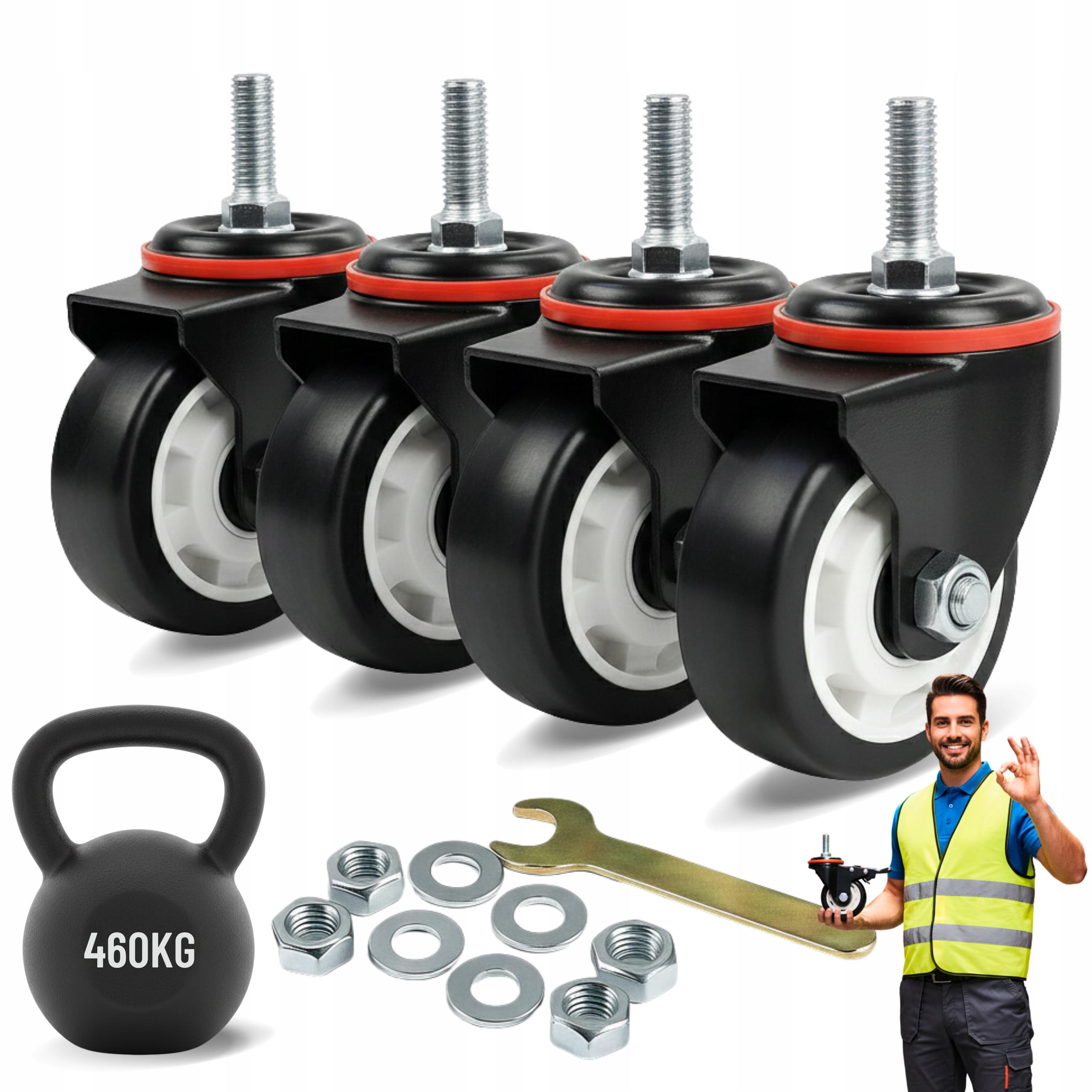 Otočné Kolečka 75mm Set 4ks pro Nosnost 460kg Třmen Závit M12x30 Silný