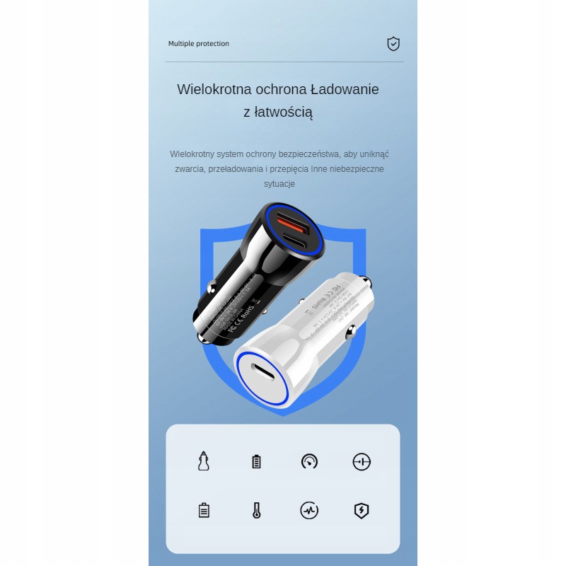SZYBKA MOCNA ŁADOWARKA SAMOCHODOWA ZASILACZ 2X USB PD QC 3.0 45W Złącza USB typ C USB