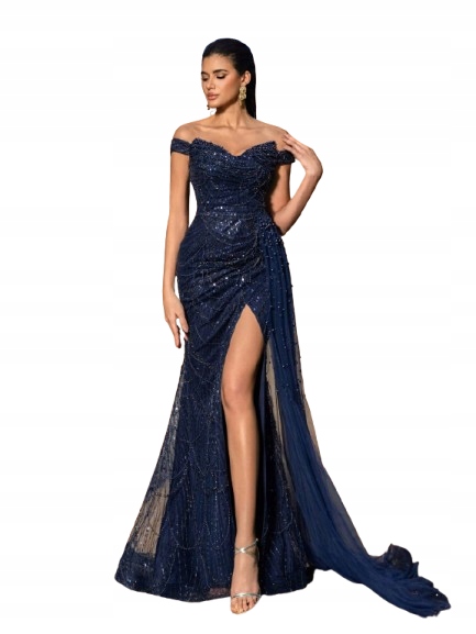 Shein Tmavě Modrá Šaty Na Odhalená Ramena S Flitry 1KF