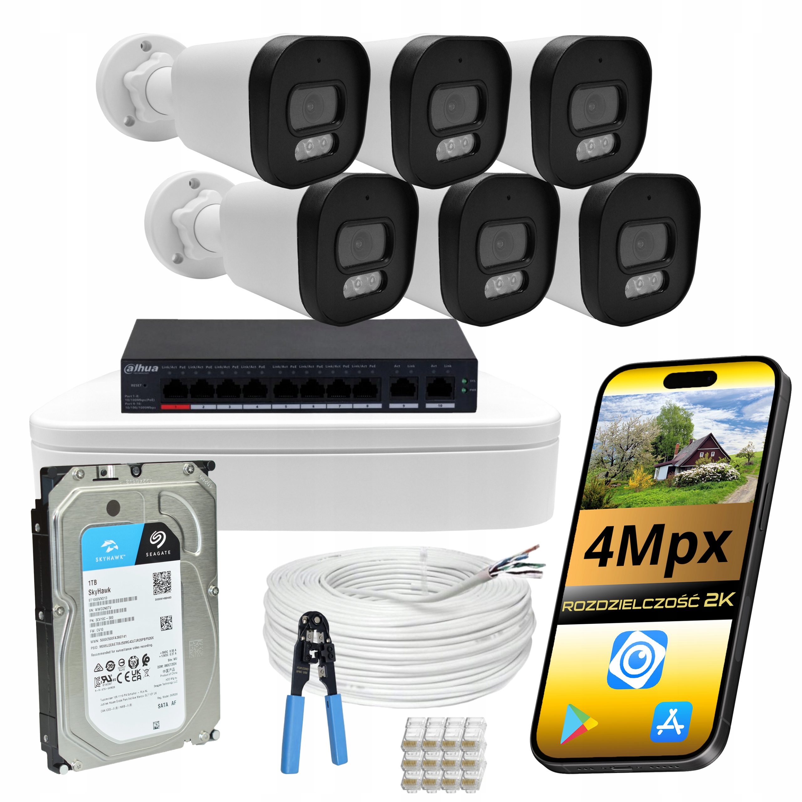 Monitorovací sada Dahua Ip 4Mpx 6 venkovních kamer Dual Light s diskem