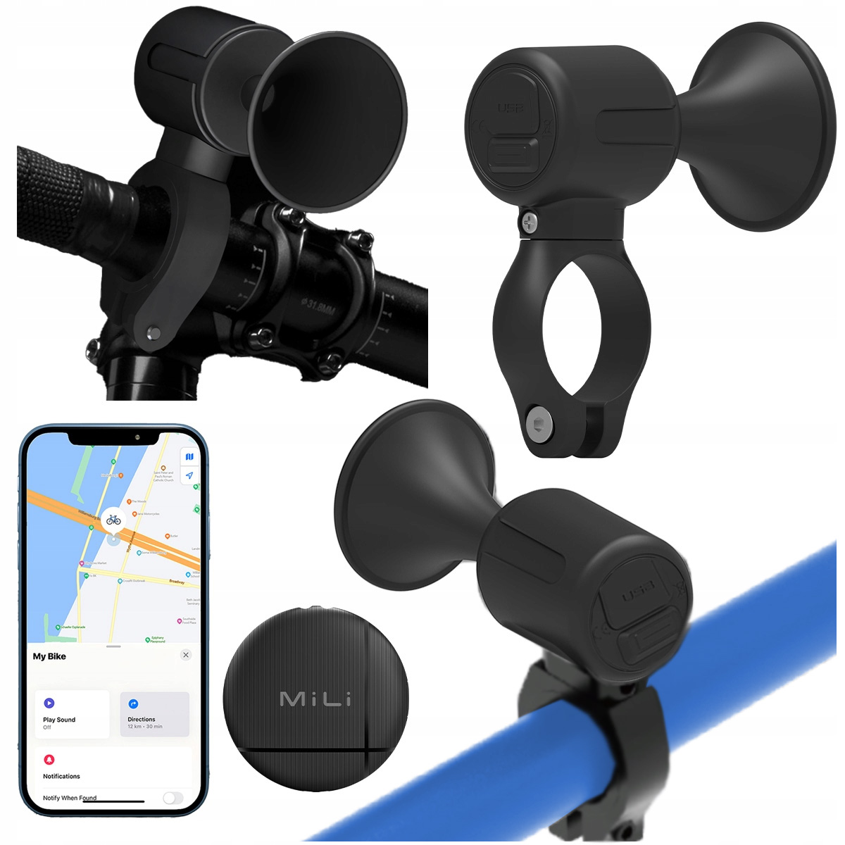 MiLi LiTag Lokalizator Gps Bt Ios Apple klakson rowerowy dzwonek do roweru