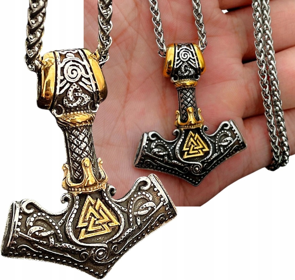 

Męski Srebrny naszyjnik Młot Thor Mjolnir stal