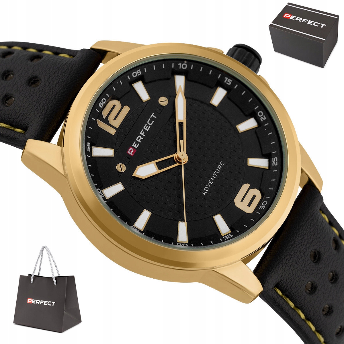 Pánské Sportovní Zlaté Hodinky Perfect W146-04 44 mm Perforovaný Řemínek