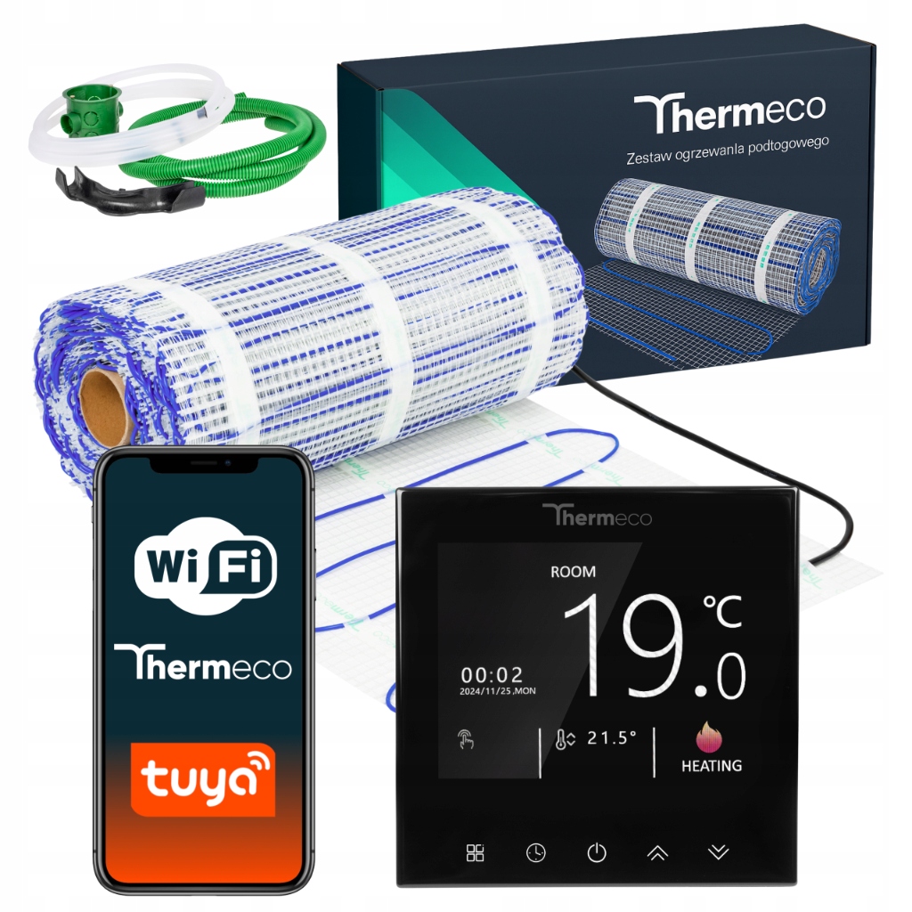 Mata grzewcza grzejna pod płytki termostat WiFi zestaw Thermeco H21 15m²